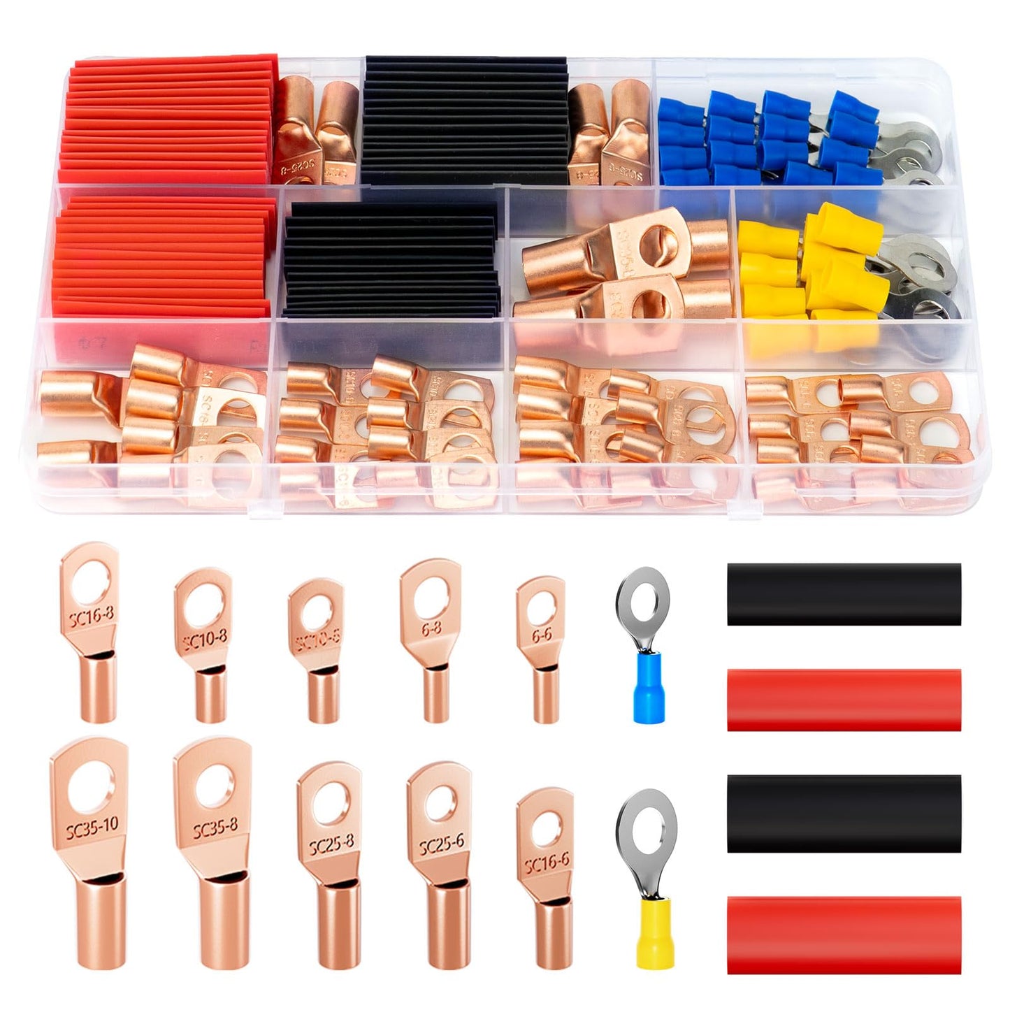 Sanuke 130pcs Copper Wire Lugs, Battery Lugs Awg 2 4 6 8 10 12 14 16 Copper Lugs Assortment Ring Terminals Connectors Wire Connectors Terminals, 70pcs Battery Cable Ends with 60pcs Heat Shrink