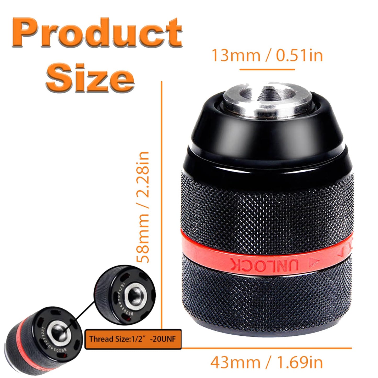 YUEARN Keyless Drill Chuck for Milwaukee M18, 1/2"-20UNF Mount, 1.5 to 13 mm Clamping Capacity, All-Metal Self-Tightening Chucks, Replacement Power Drill Chucks for Various Purposes