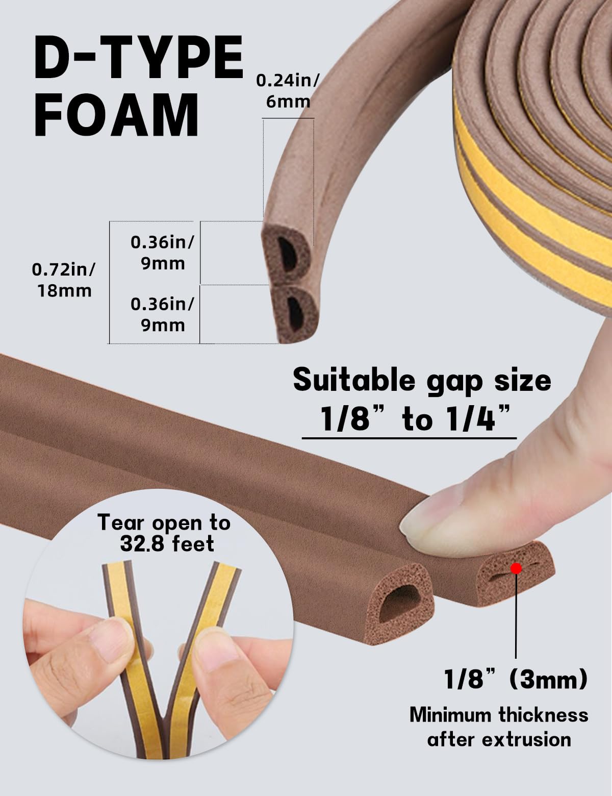 32.8 Ft Weather Stripping Door Seal Strip,Self Adhesive Door Soundproofing D Shaped Weatherstripping for Door Frame/Window,Brown,3/8" W × 1/4" T