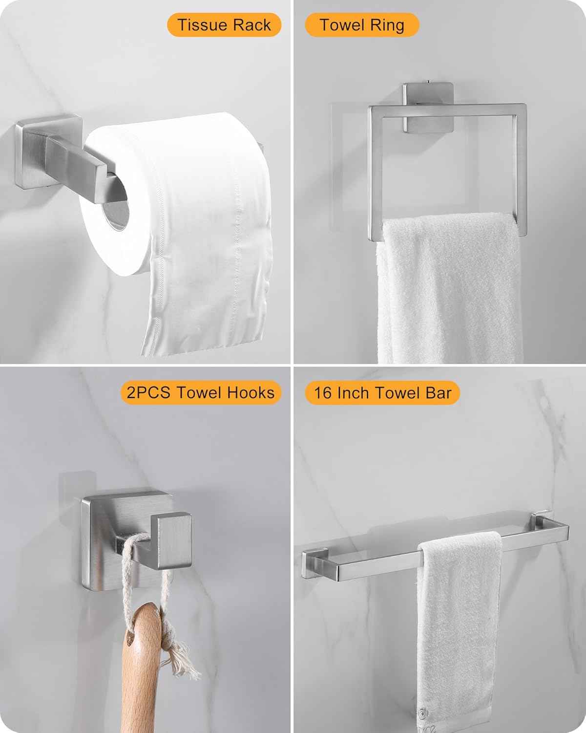 Brushed Nickel Bathroom Hardware Set - 10-Piece Towel Bar, Ring, Hook & Holder Kit