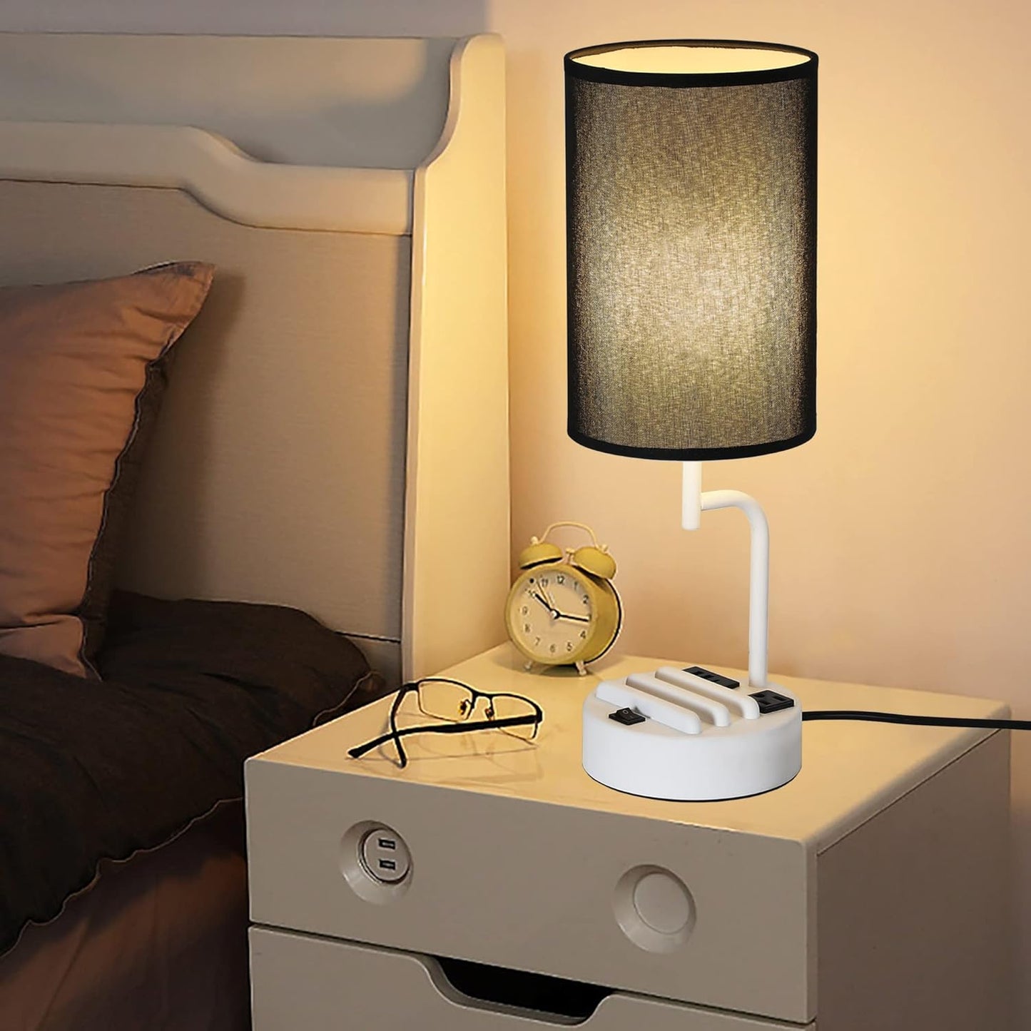 Modern Table Lamp with 3 USB Ports & AC Outlet - Set of 2 Bedside Desk Lamps in Silver