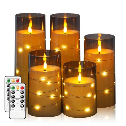 Flameless Candles,with Embedded Star String, Battery Operated Candles Flickering LED Pillar Candles with Remote Control and Timer, Home Decoration ,Set of 5 (D 3"×H 4" 5" 6" 8" 8") (Grey)