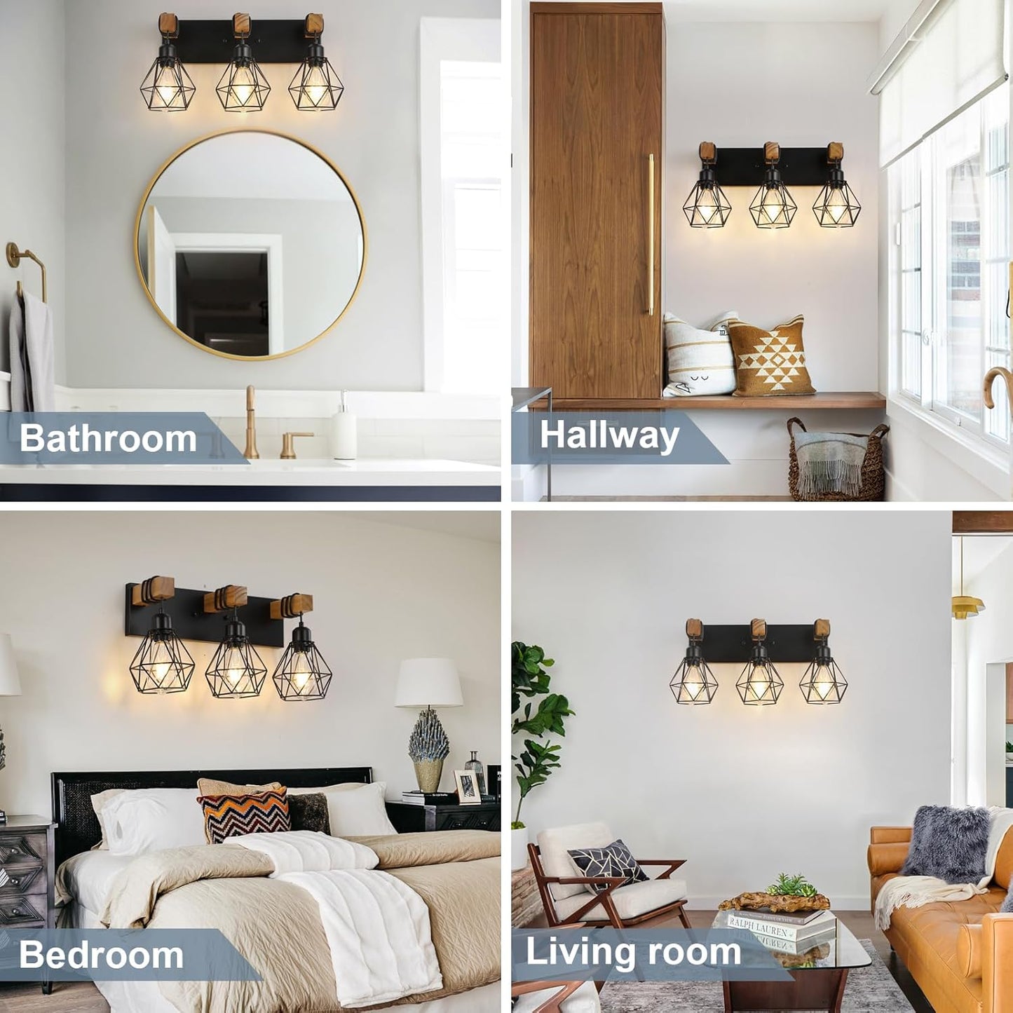 Farmhouse 3-Light Bathroom Vanity Light Fixture - Rustic White Wood Sconces for Mirror