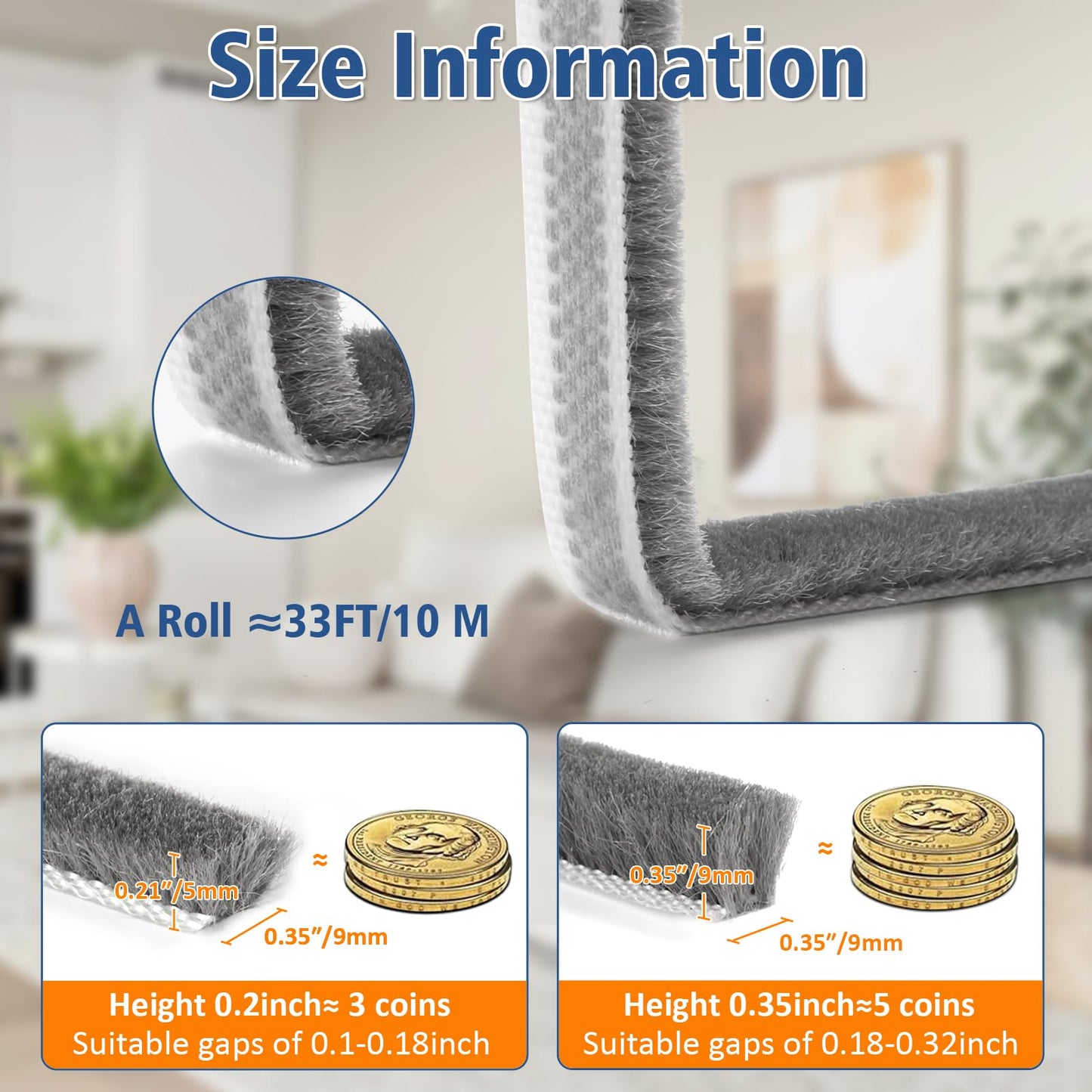 33FT Self Adhesive Door Soundproofing,Brush Weather Stripping for Door Frame & Sliding Windows, Seal Strip for Door Frame,Noise - Reducing, Weather Stripping Door Seal 0.21"x 0.35" Thick, Gray