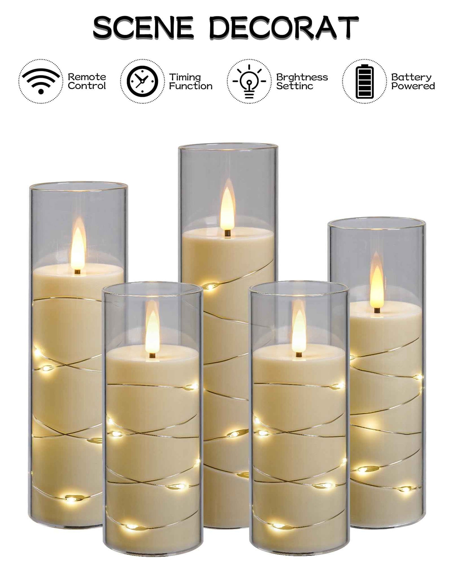 Da by Flickering Flameless Candle with Embedded Star String ,Acrylic LED Pillar Candles with 11-Key Remote Control and Timer,Battery Operated Candles, Ivory, Set of 5(D2.3×H5“/5“/ 6”/7“/8”)