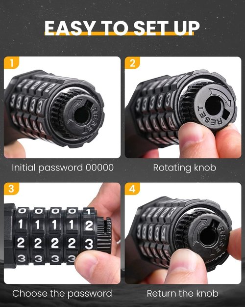 KEYSTP 5-Digit Bike Lock Cable, Heavy Duty Resettable Combination Bicycle Lock, Anti-Theft with Mounting Bracket, Waterproof Steel Cable for Scooters, E-Bikes, Outdoor Use, Black