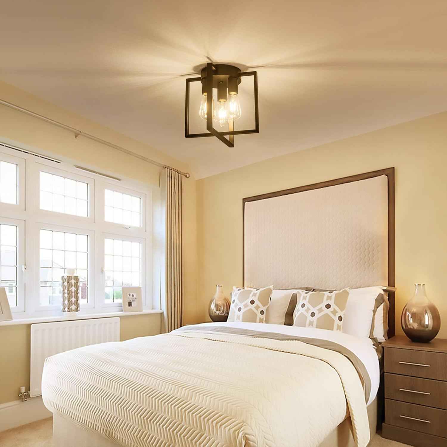 Brushed Nickel 3-Light Flush Mount Ceiling Light Fixture - Modern Geometric Design for Living Room, Kitchen, Dining Room, and Hallways