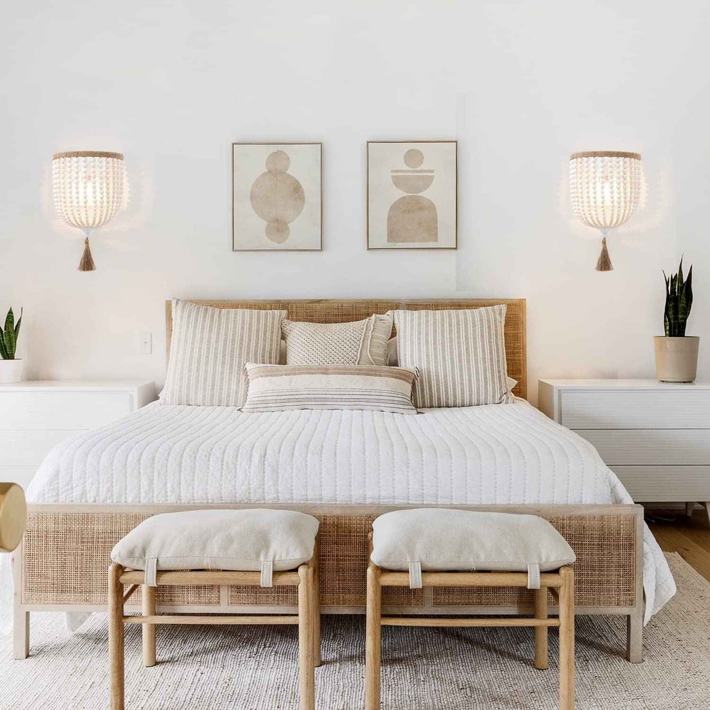 VILUXY Bohemia Wood Beaded Wall Sconces Bedside Antique Rustic Wall Sconce Lighting Fixture White Finishing for Bedroom, Hallway, Entryway, Passway, Bathroom, Vanity 2 Pack