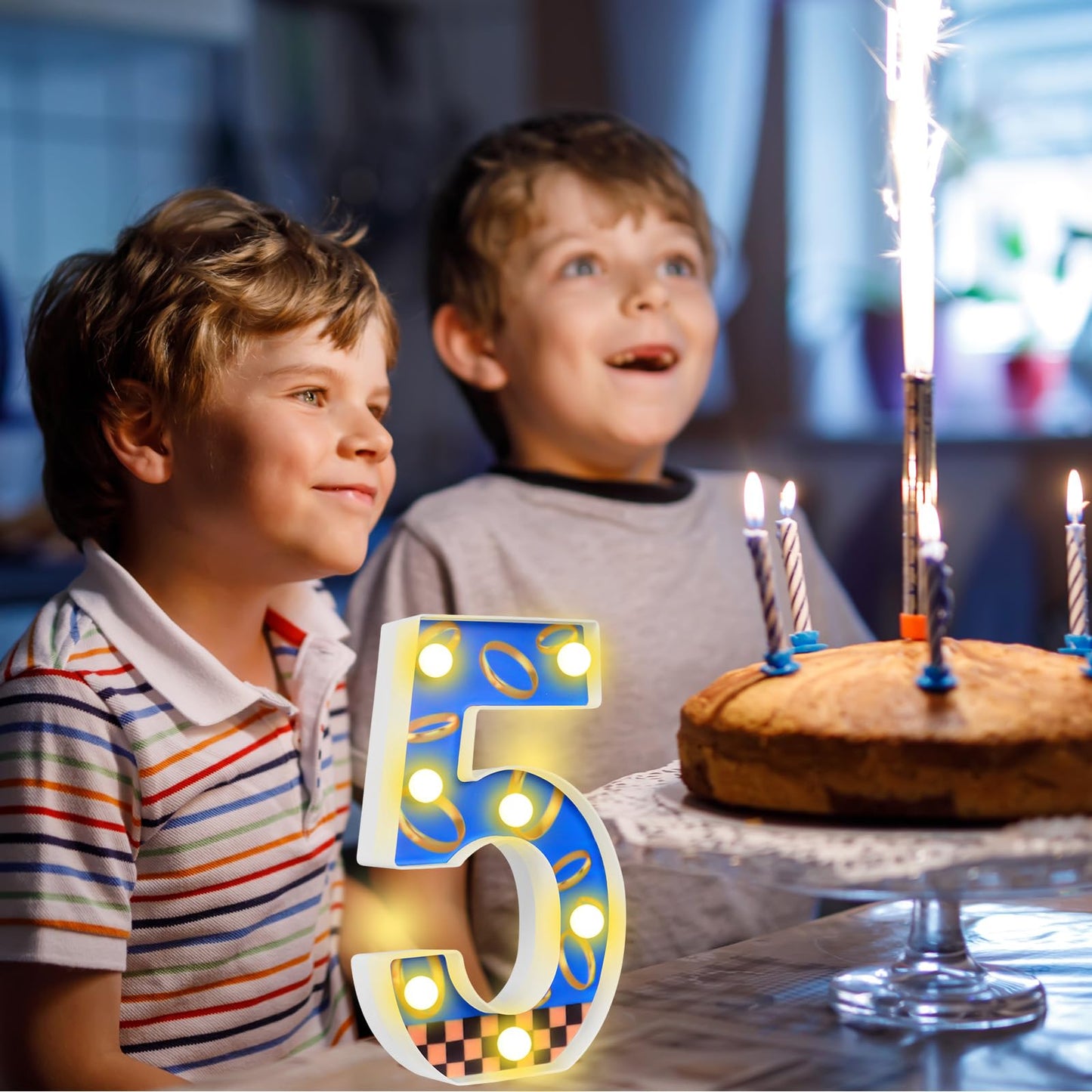 WalkManony LED Numbers Night Light(5)– Light Up Number Sign for Kids Birthday Party,Marquee Numbers with Warm White Glow,Battery Operated Blue & Gold Digits for Sonic Theme,8.66 x 5.91 in