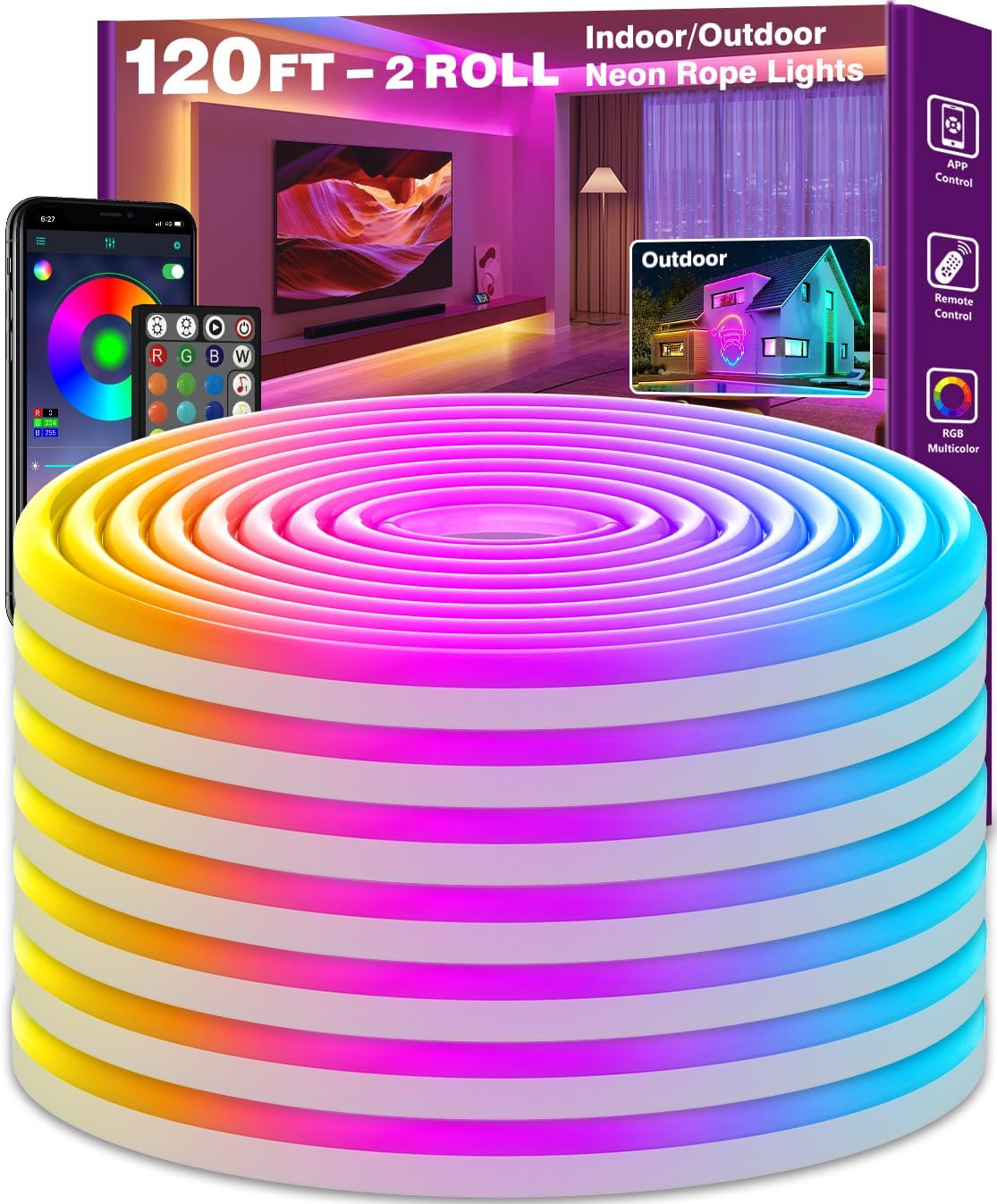 60FT SINLEY LED Neon Rope Lights - App/Remote Control, Waterproof RGB for Indoor/Outdoor Use