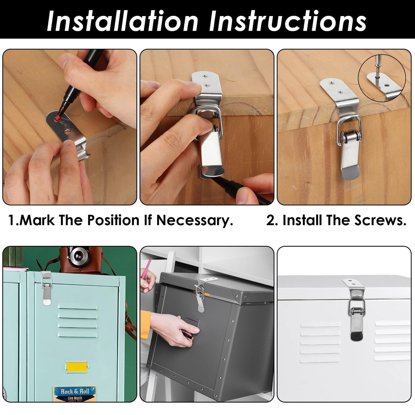 HJZHII 4PCS 90 Degree Tool Box Hood Locks Latches, Stainless Steel Spring Loaded Toggle Latch Catch Catch Hasp Clamp Clip Lock with 16 Screws for Wooden Case Toolboxes Cabinet Chest