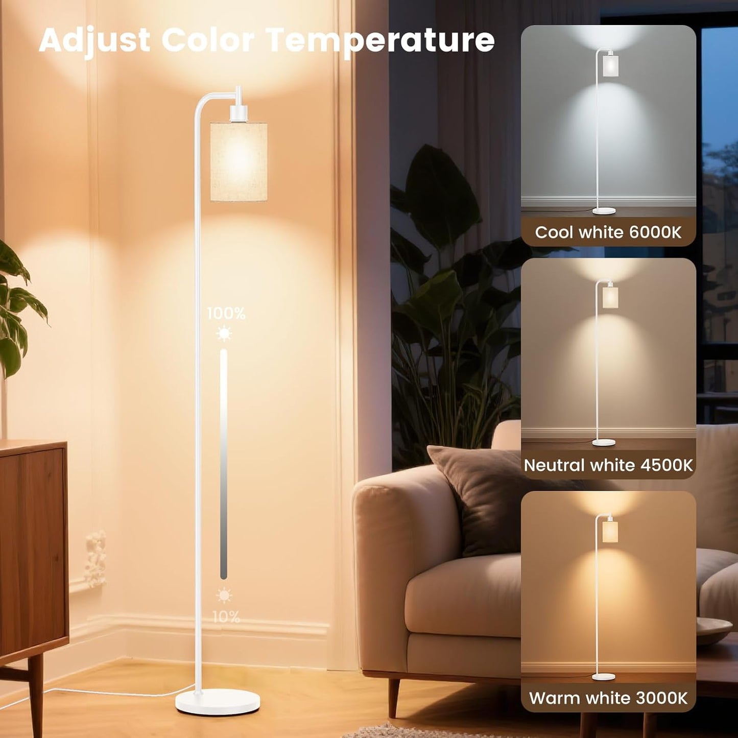 Dimmable Floor Lamp with Linen Shade & Remote Control - Modern 9W LED Standing Lamp for Living Room, Bedroom, Office