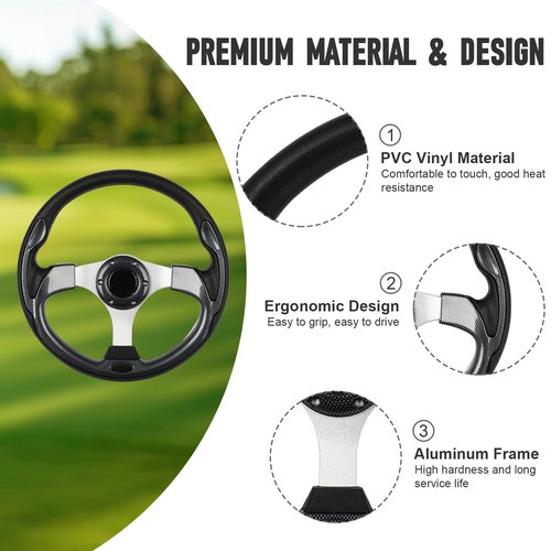 FAHKNS Golf Cart Steering Wheel, Universal 12.5" PVC Vinyl Leather 6 Bolt Aluminum Frame Steering Wheel, Fit For Club Car DS & Precedent, EZGO TXT & RXV, Yamaha, Most Golf Cart