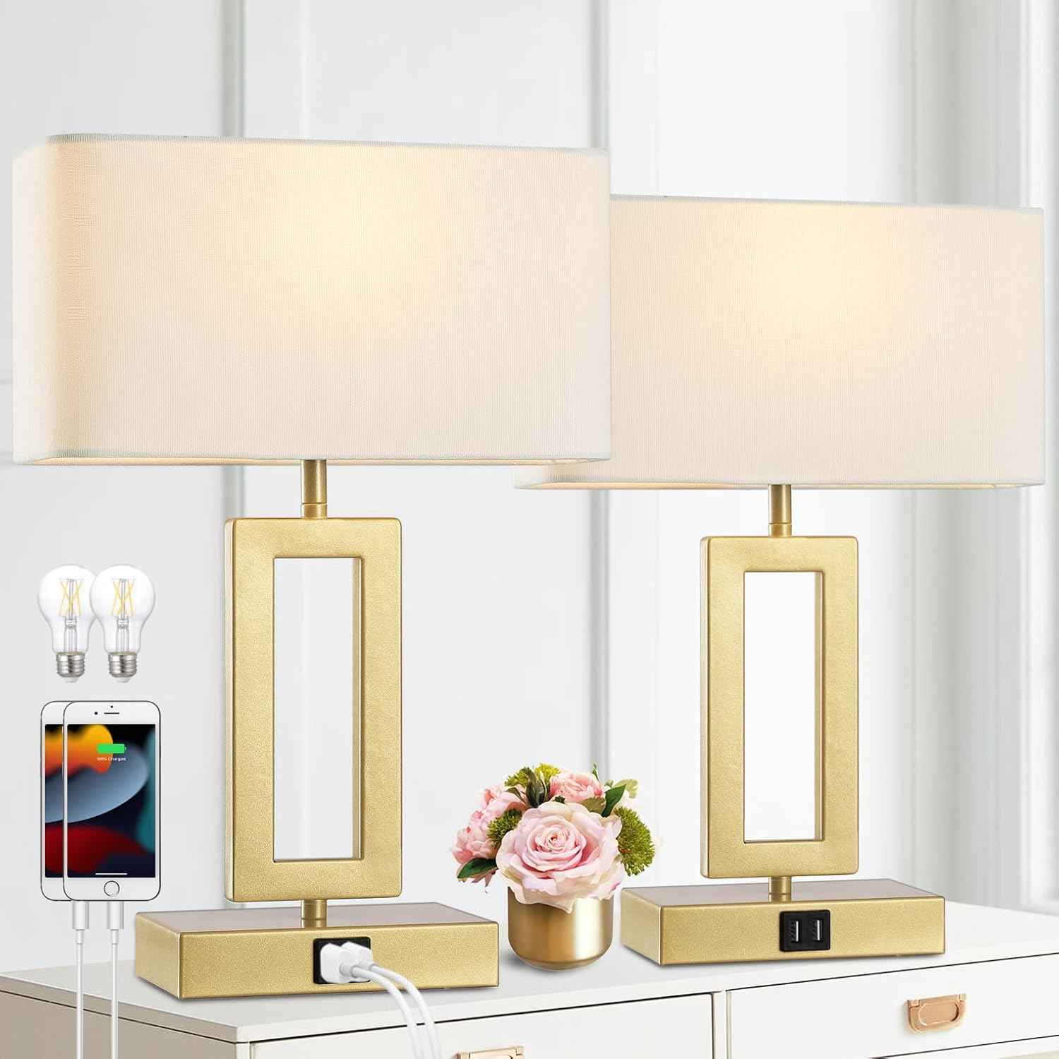Gold Table Lamps Set of 2 - 3-Way Dimmable Touch Control with USB Ports, 22” Modern Design for Bedroom & Living Room