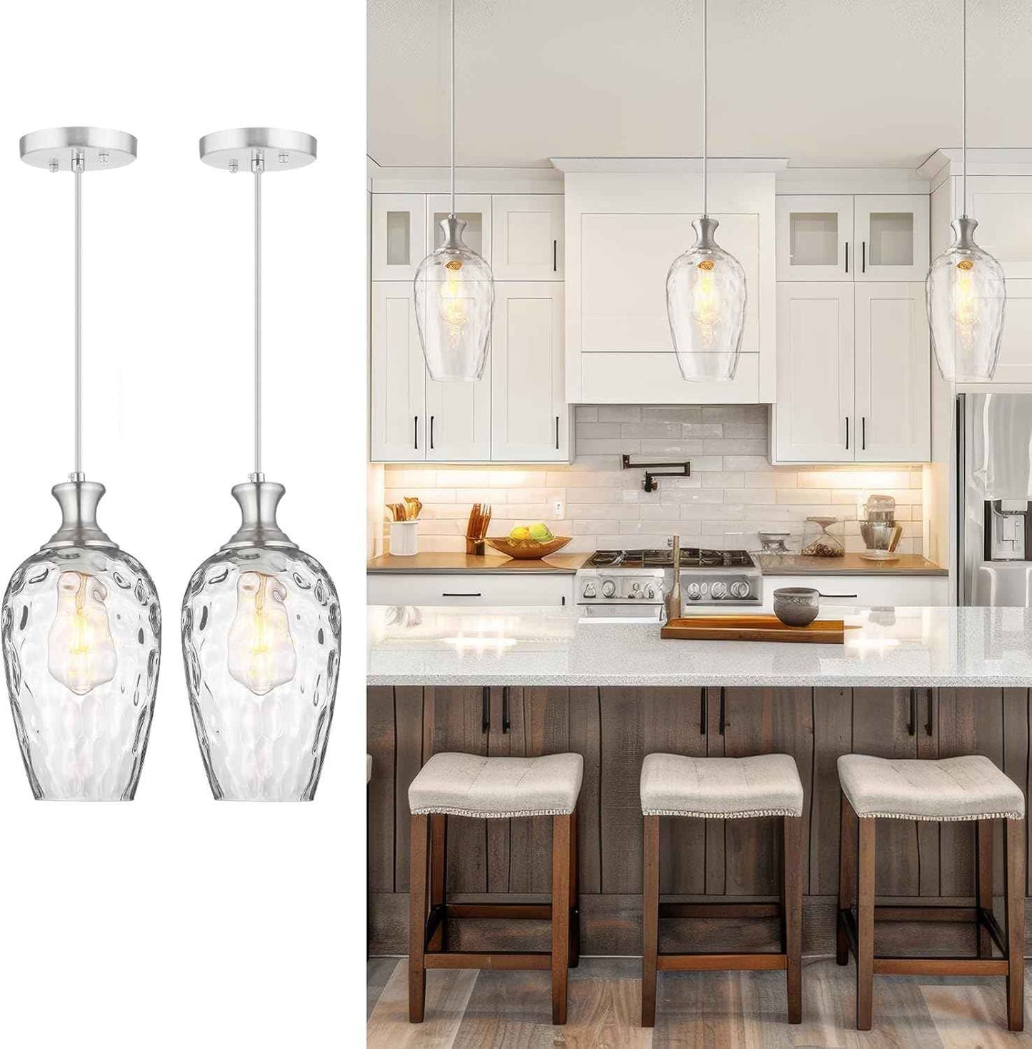Brushed Nickel Glass Pendant Light Fixture - Modern 1-Light Hanging Lamp for Kitchen Island & Dining Room