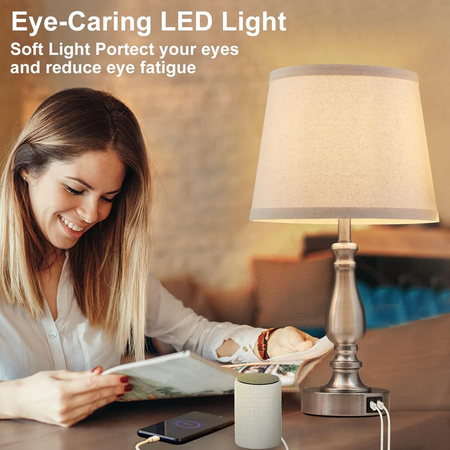 Touch Bedside Table Lamps Set of 2 with USB C+A Ports - 3-Way Dimmable Linen Shade