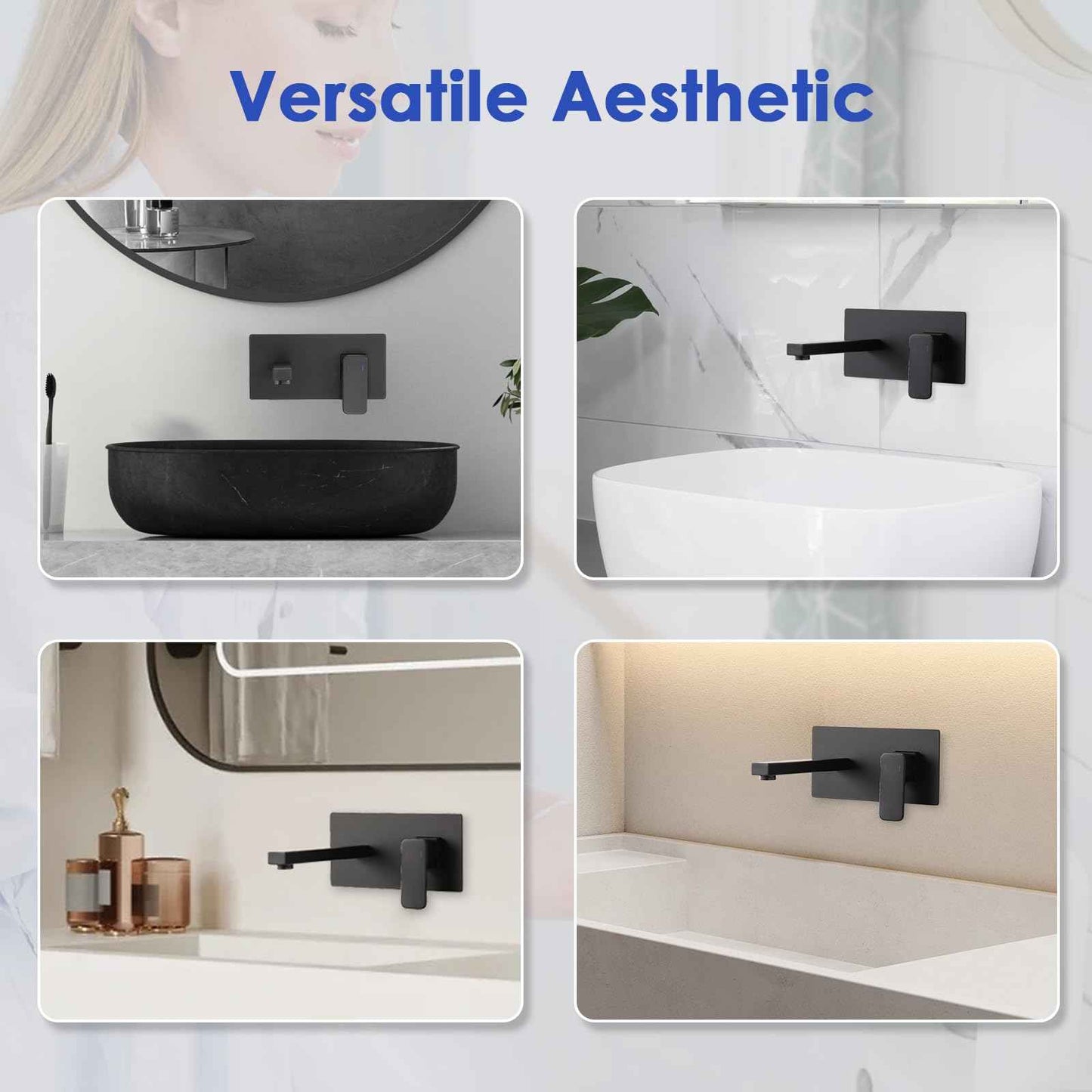 ROVOGO Wall Mount Bathroom Sink Faucet with Rectangular Spout and Rough-in Valve, Single Handle Single Hole Faucet for Bathroom Sink, 304 Stainless Steel, Black