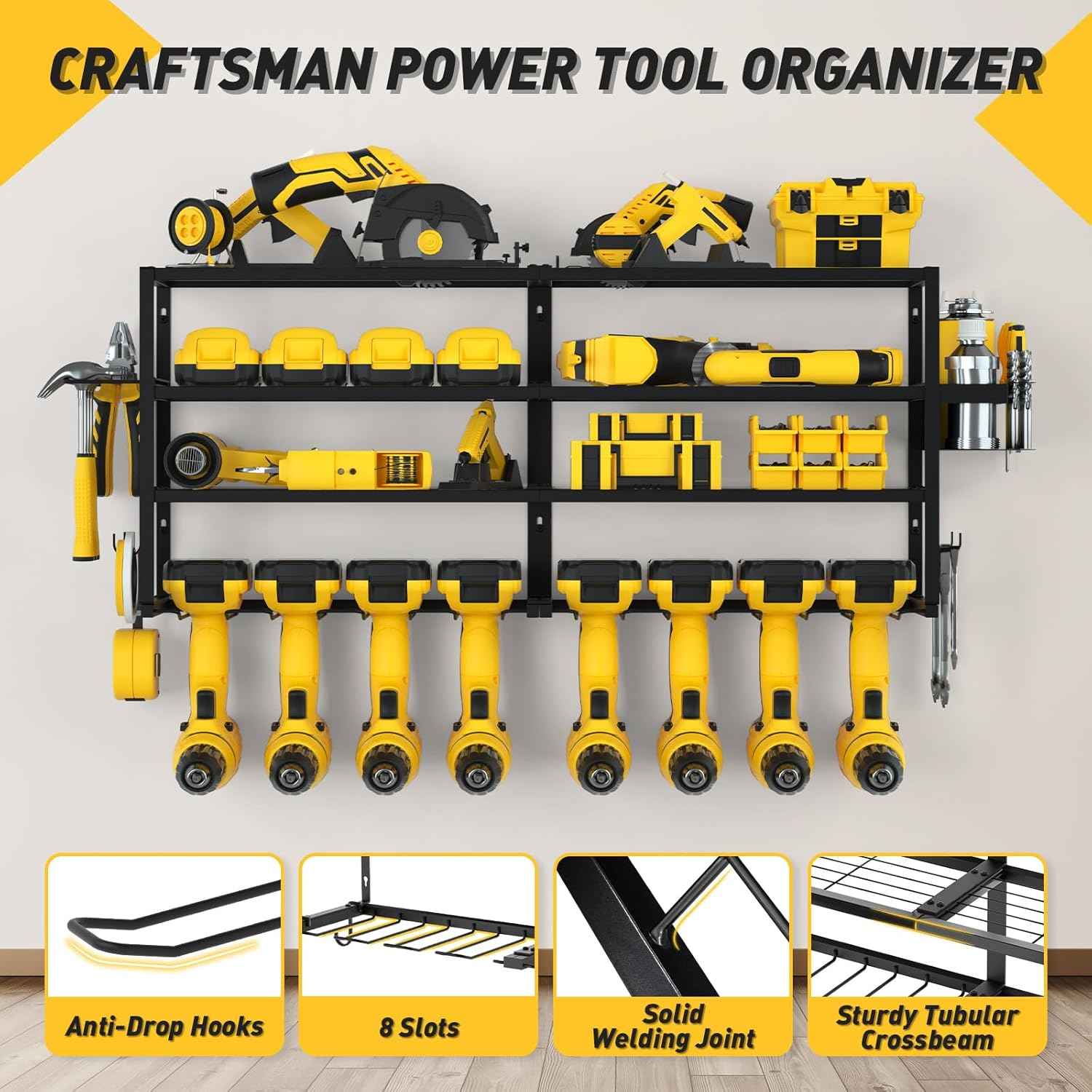 Heavy-Duty Wall-Mount Power Tool Organizer - 3 Extra Large Layers, 300lbs Capacity, 8 Cordless Drill Holders for Garage & Workshop