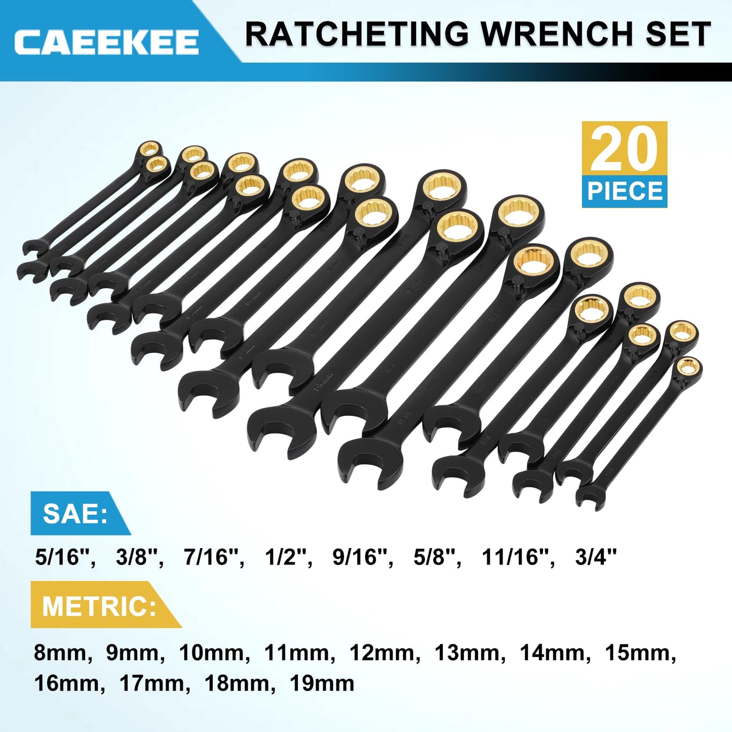 CaeeKee 20PCS 72-Tooth Reversible Ratcheting Combination Wrench Set, Metric & SAE, 8mm - 19mm, 5/16" - 3/4", 12 Point, CR-V Steel, With Organizer Box