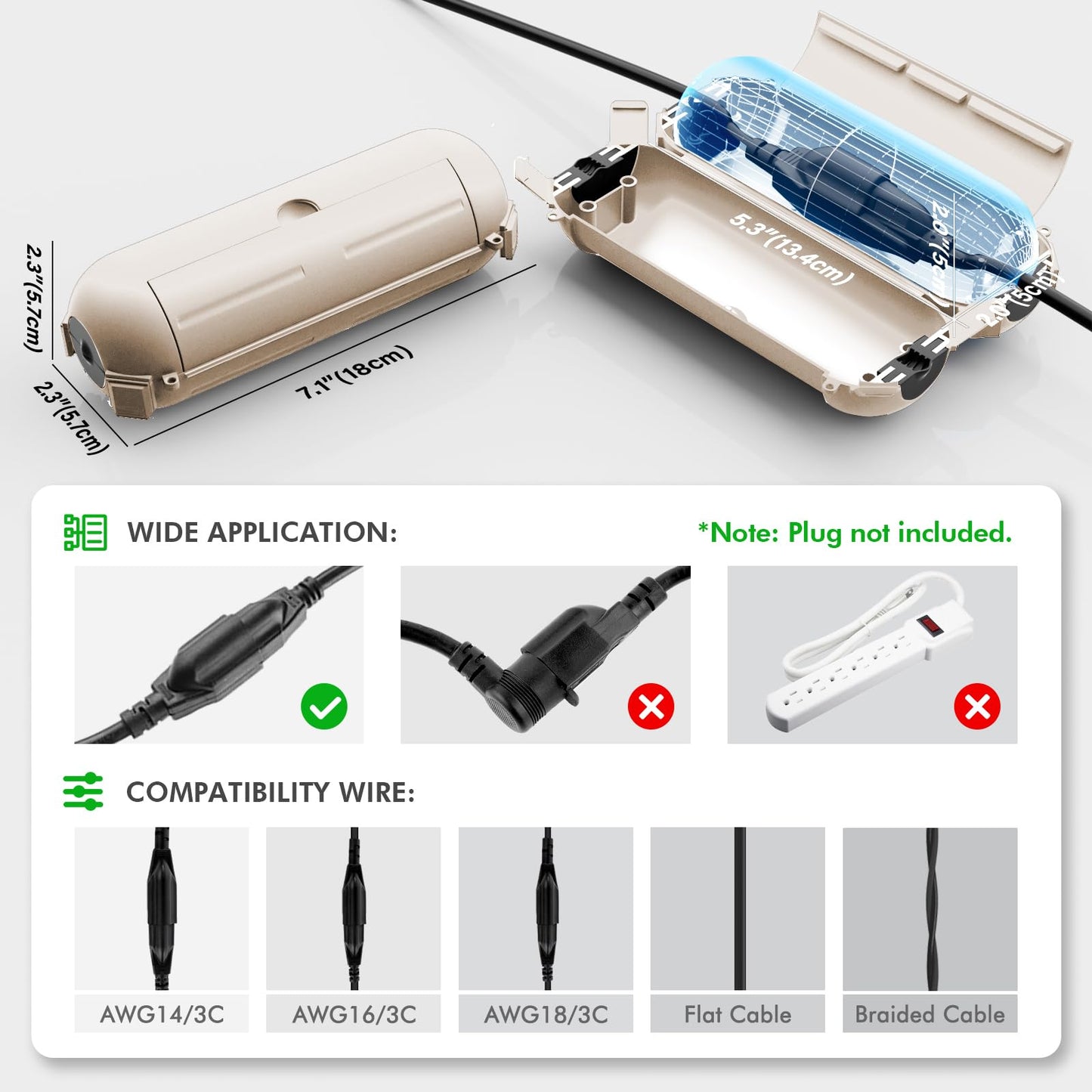 RESTMO 2 Pack Compact Outdoor Extension Cord Cover, IP44 Waterproof Box and Safety Housing Case, Ideal to Protect Outdoor Plugs, Electrical Connections, Holiday Decoration Lights, Size Small, Almond