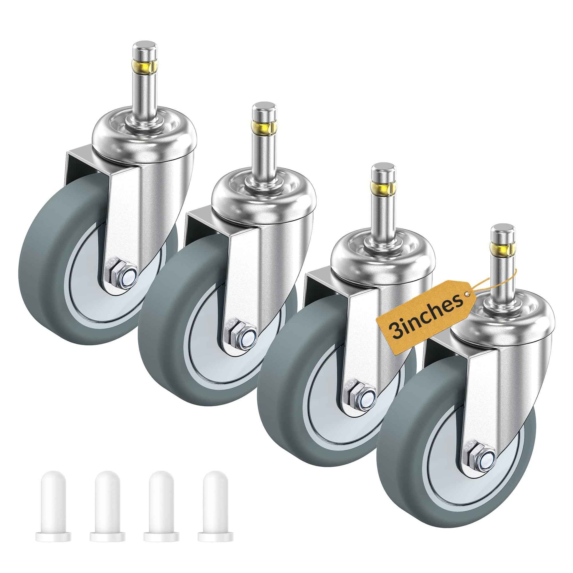 HOLKIE Stem Caster Wheels 3 inch Casters Set of 4, 7/16-Inch Stem Diameter Swivel Castors Heavy Duty TPR Rubber Replacement Castor for Cart, Stool, Mop Bucket, Grill, Shop Vac