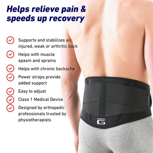 Neo G Back Brace with Power Straps - Support For Lower Back Pain, Muscle Spasm, Strains, Arthritis, Injury Recovery, Rehabilitation - Adjustable Compression - Class 1 Medical Device - One Size - Black