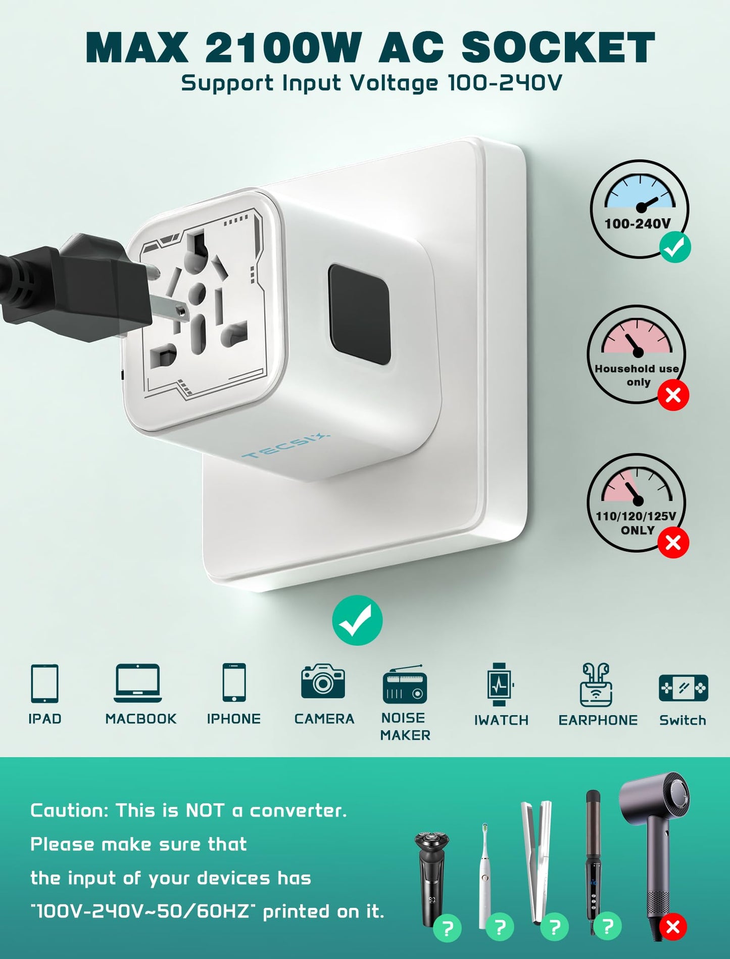 Universal Travel Adapter Worldwide, TECSIX Compact Travel Power Plug Adapter (Type A C G I), 2500W Internetional Wall Charger Outlet Adaptor to Europe, India, UK, US, AUS, Asia 200+ Countries