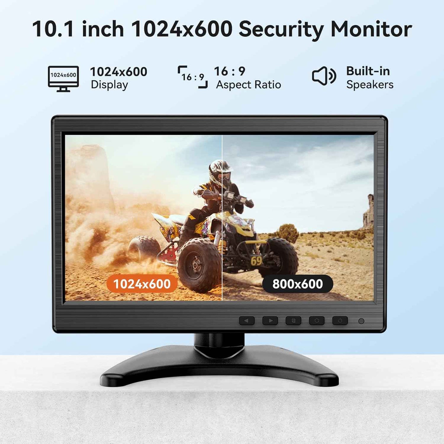 10.1-Inch IPS LCD Monitor - 1024x600 Security CCTV Display with HDMI, VGA, BNC, RCA