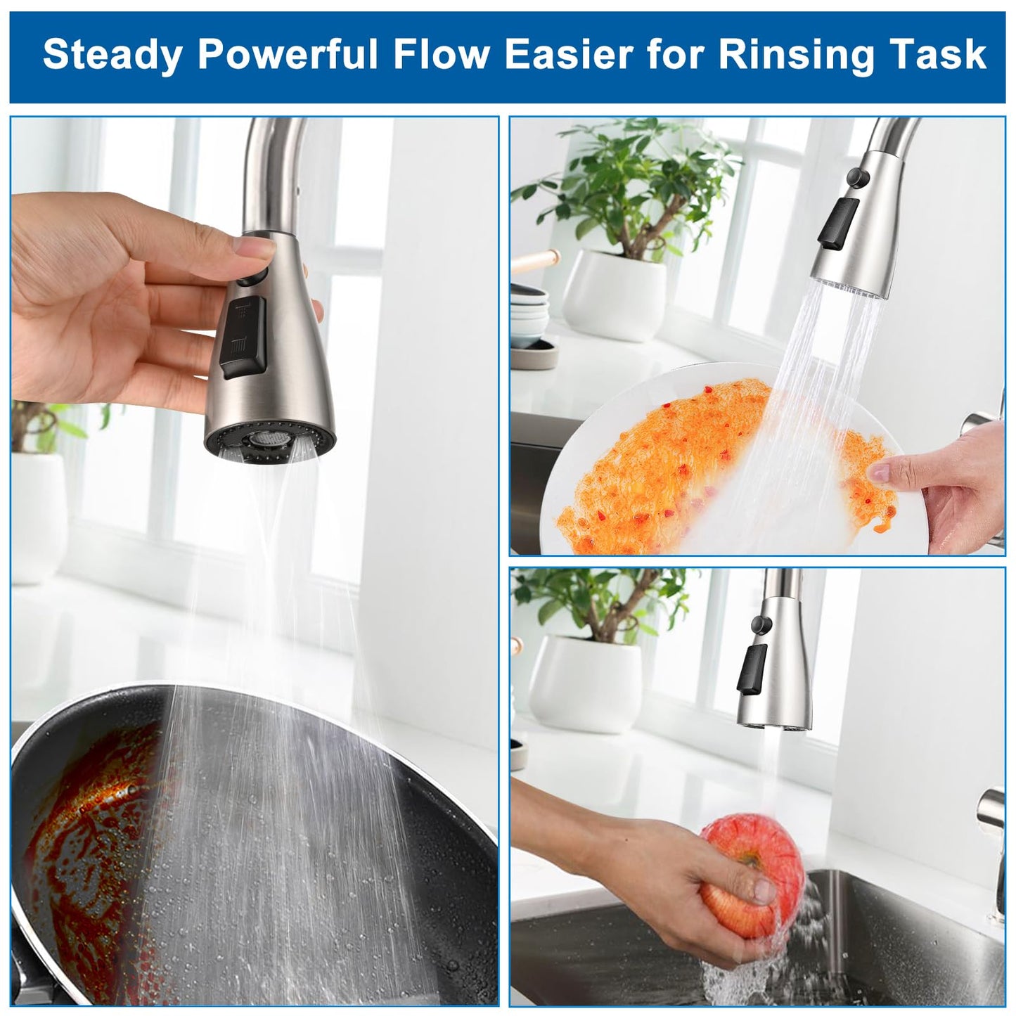 Xlajiao Kitchen Faucet Head Replacement, Premium 3 Function Pull Down Spray Head with 9 Adapters, Kitchen Sink Faucet Head Compatible with American Standard, Moen/Delta Faucets, Brushed Nickel