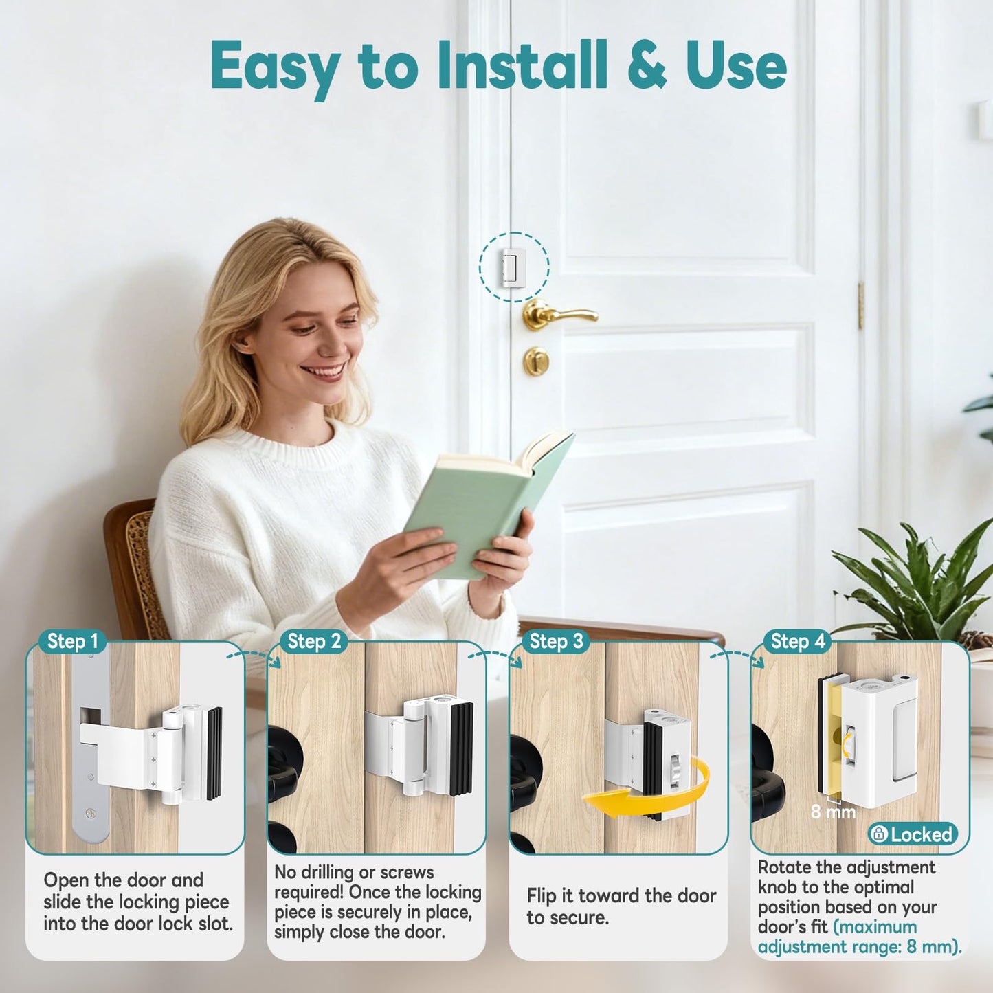 StickNGo Upgraded Portable Security Door Reinforcement Lock - No Drilling Flip Lock Latch Prevents Unauthorized Entry Fits Inward-Opening Doors, Apartment, Hotel, Travel (White-1 Pc)