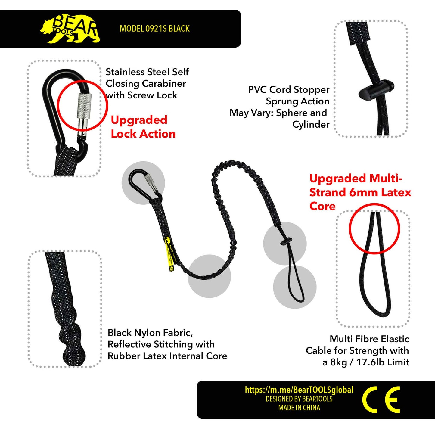 BearTOOLS Tool Lanyard with Single Carabiner and Adjustable Loop End, Standard Length, Maximum Weight Limit 8KG / 17.6lb, Aluminum Screw Lock Carabiner with Shock Cord Stopper, 0929S (10 Pack)