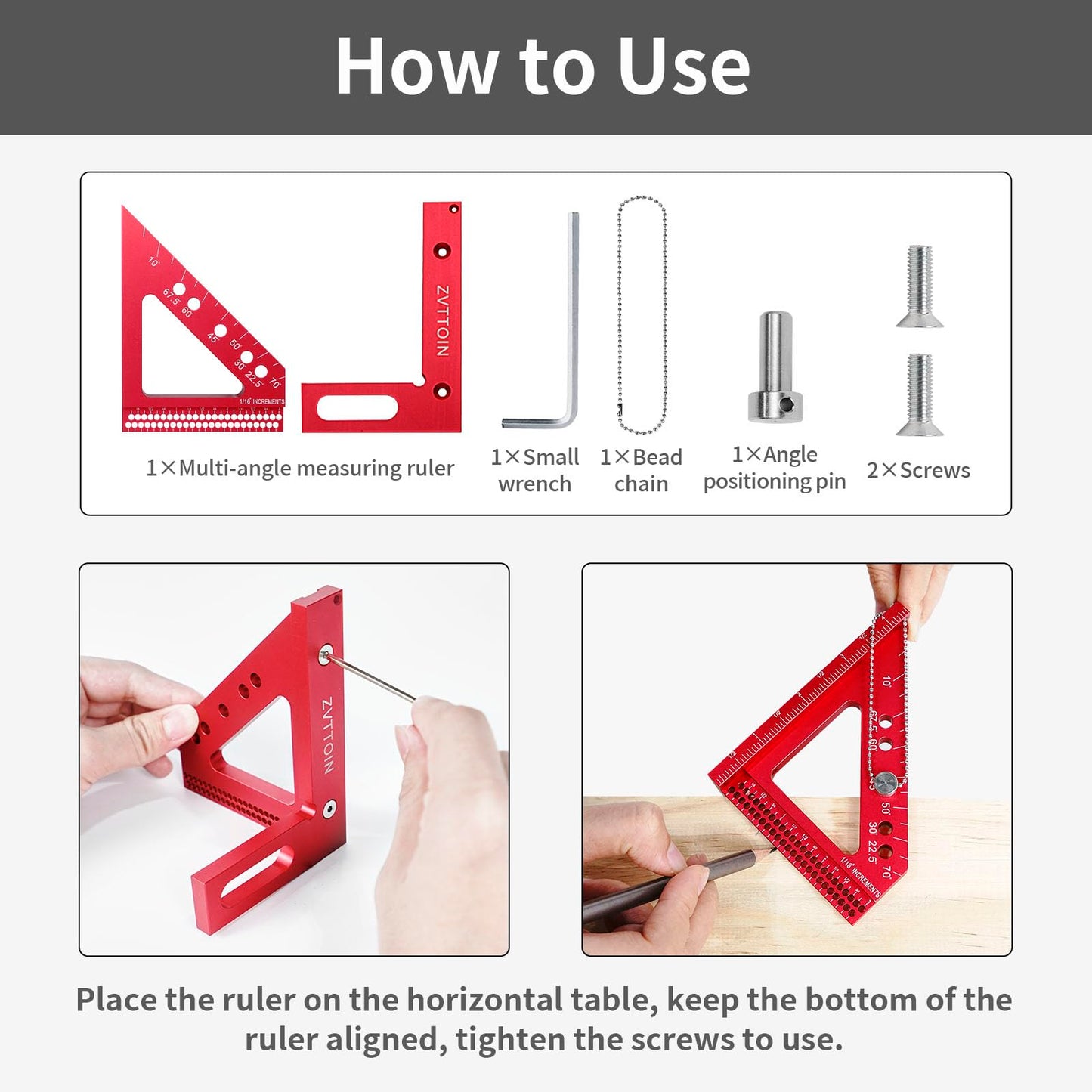 3D Multi-Angle Measuring Ruler, 0°-90° Aluminum Alloy Measuring Ruler, Woodworking Square Measuring Tool (4.40 inch, red)