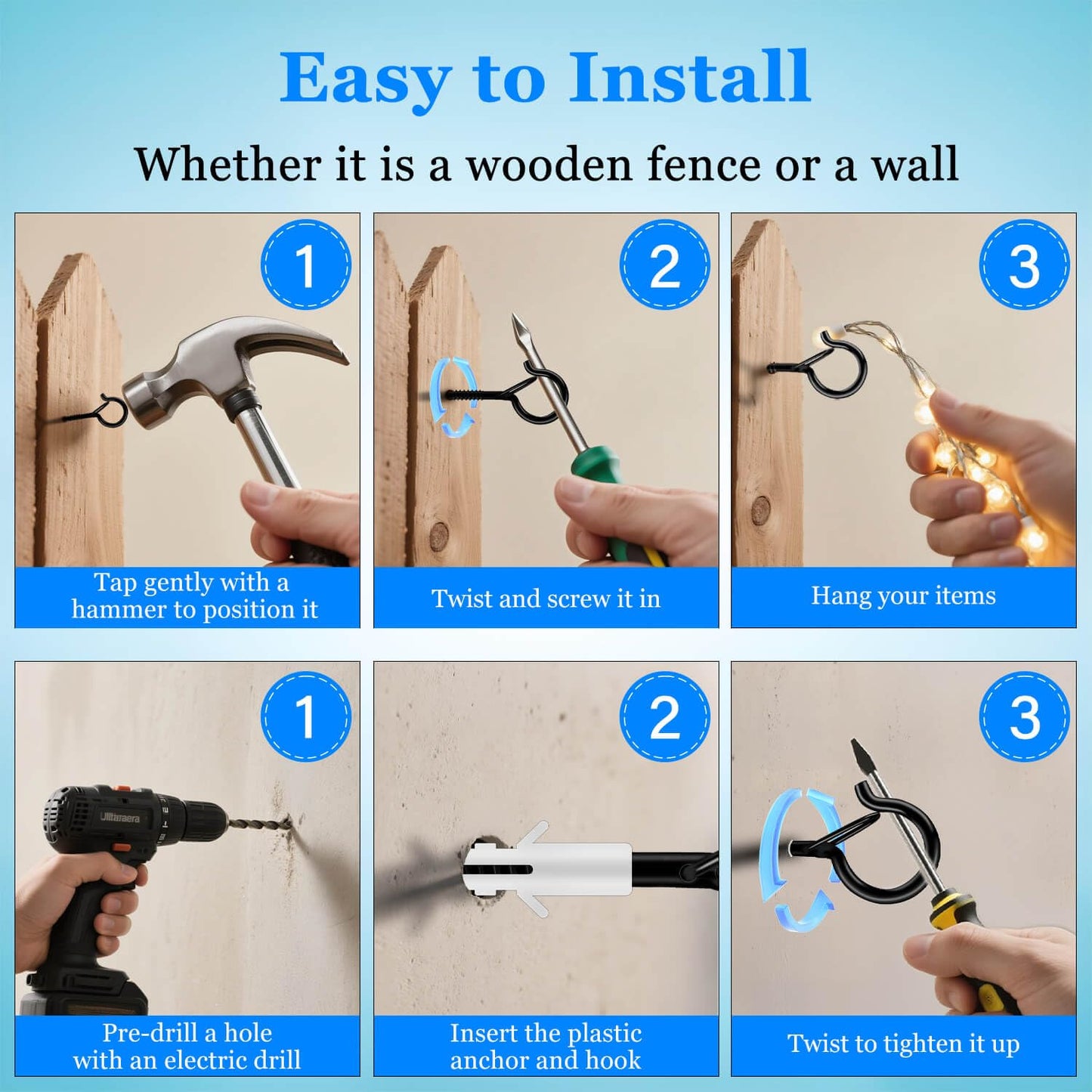 KULOLO 36 Pack Black Screw Hooks with Safety Buckle - 2.3 Inch Rustproof Eye Ceiling Hooks for Hanging Plants,Outdoor String Lights,Baskets,Christmas Lights & Decor,40lb Capacity (36, Black)