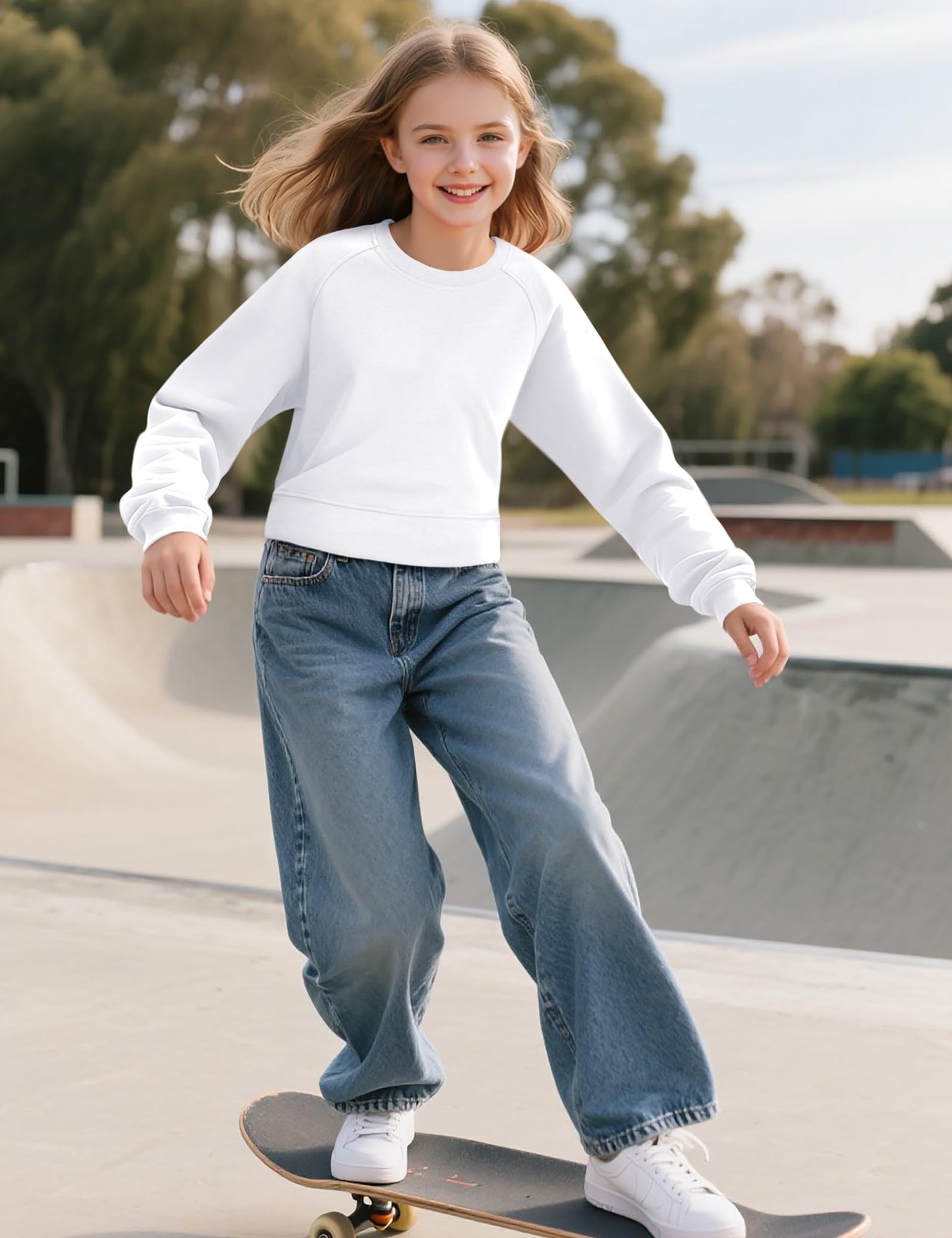 JOCMIC Girls Crewneck Sweatshirt, Long Sleeve Plain Shirts Crop Tops with Thumbholes for Teens Youth White 11-12 Years