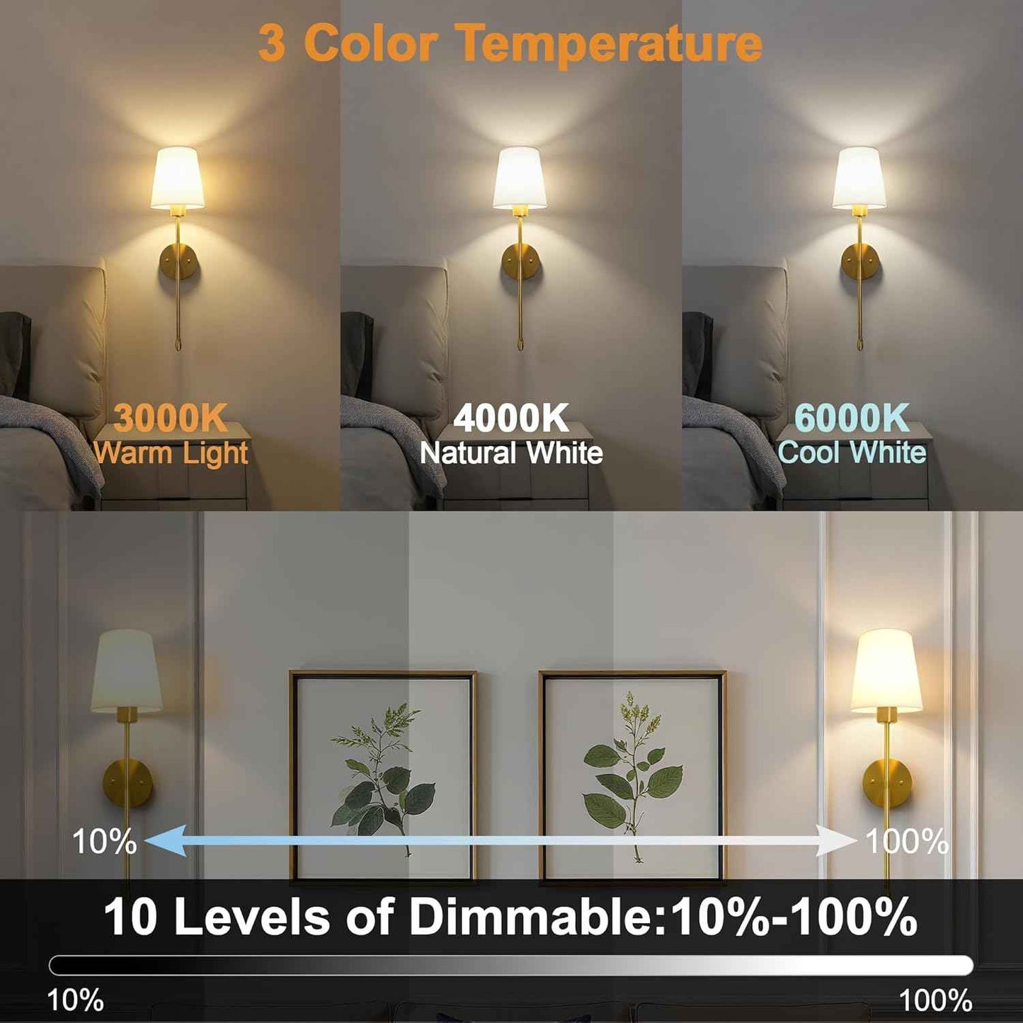 Rechargeable Gold Battery Operated Wall Sconces Set of 2 with Remote & RGB Bulbs
