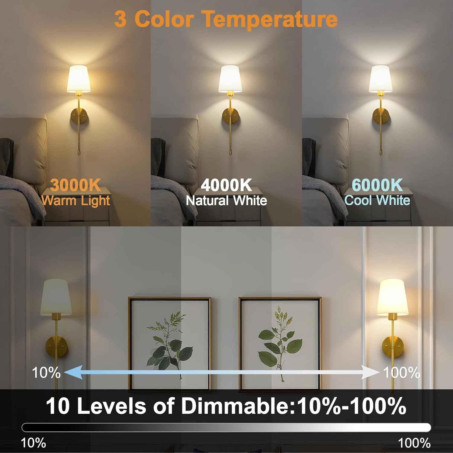 Rechargeable Gold Battery Operated Wall Sconces Set of 2 with Remote & RGB Bulbs