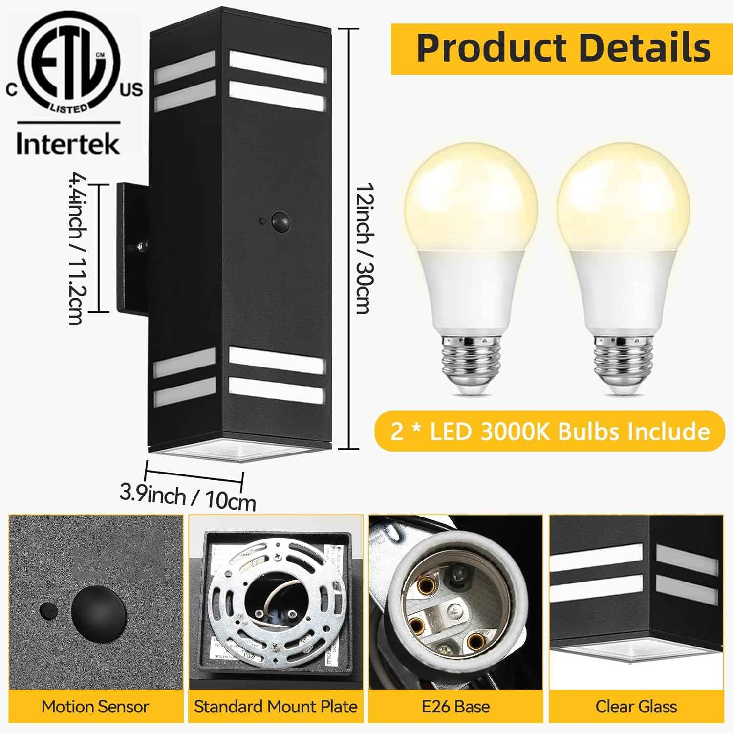 Modern Outdoor Wall Lights - Dusk to Dawn Square Matte Black Sconce with Bulbs, Aluminum Anti-Rust Up & Down Lighting for Porch & Garage