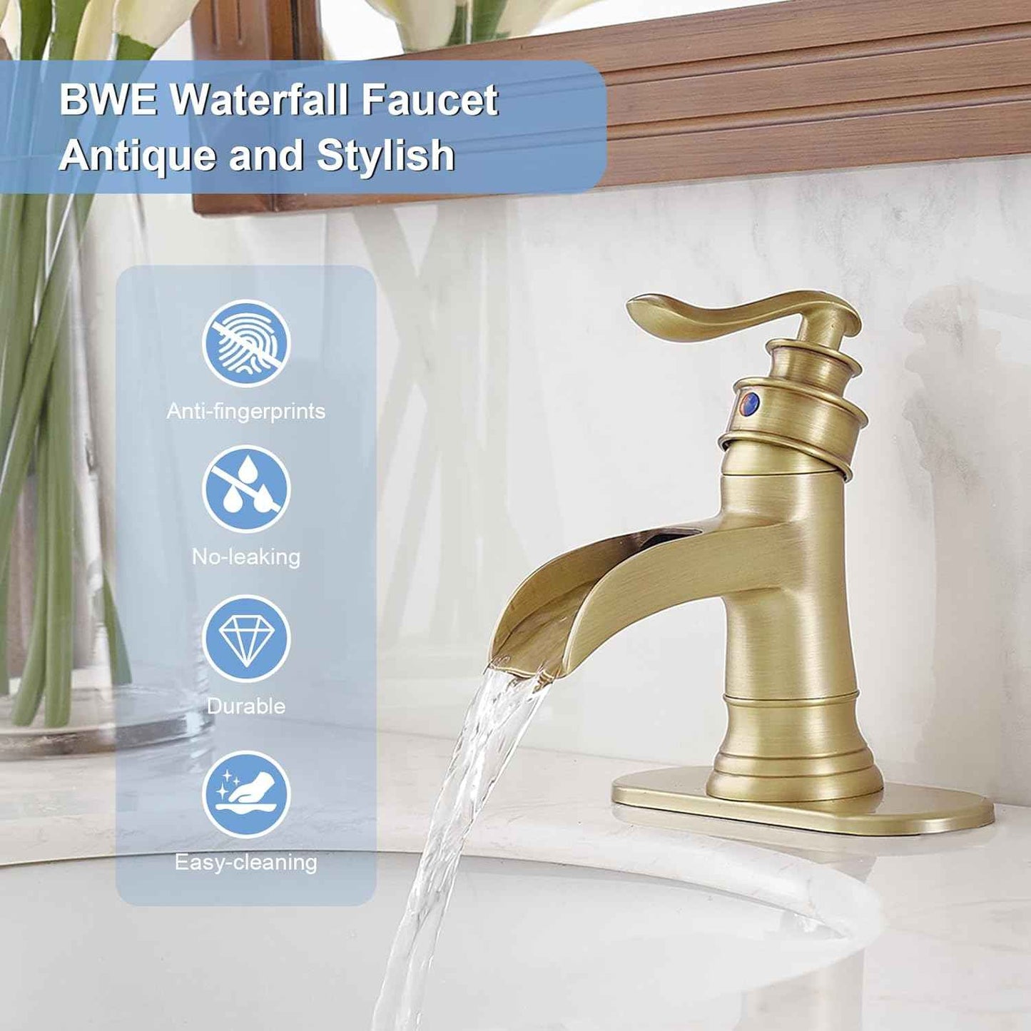 Matte Black Waterfall Bathroom Faucet - Single Handle Lavatory Sink Mixer with Brass Drain