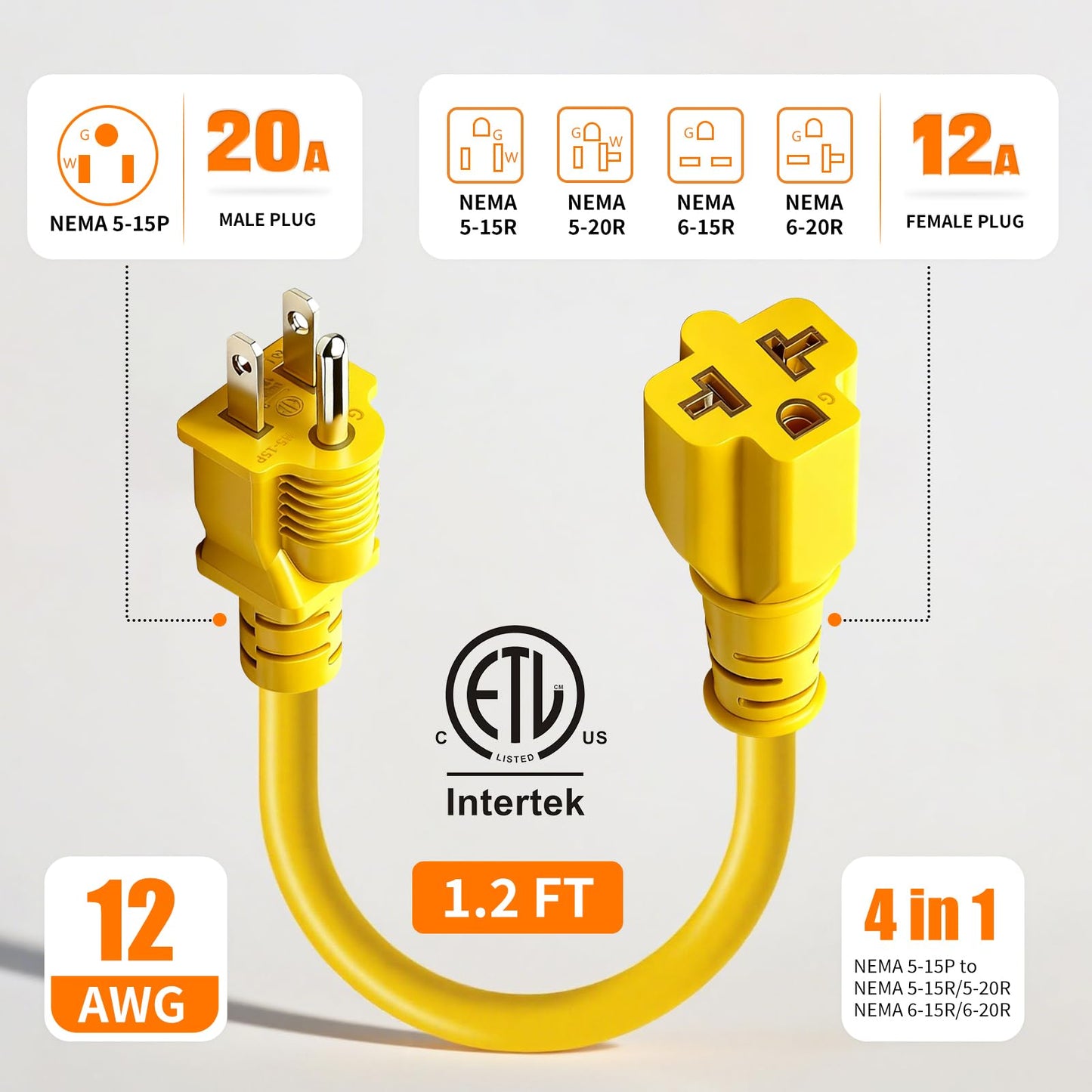 4-in-1 15 Amp to 20 Amp -1ft Extension Cable&Power Adapter, T Blade Adapter - 5-15P to 5-20R, 6-15R, 6-20R,12AWG AC Power Plug Adapter Cable