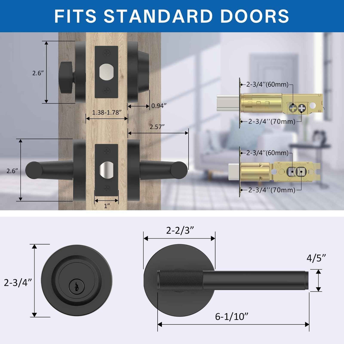Amerdeco Front Door Lock Set with Double Cylinder Deadbolt, Black Exterior Entry Door Lever, Heavy Duty Entry Door Locksets for Left or Right Hand Exterior Door(Black 2 Pack)