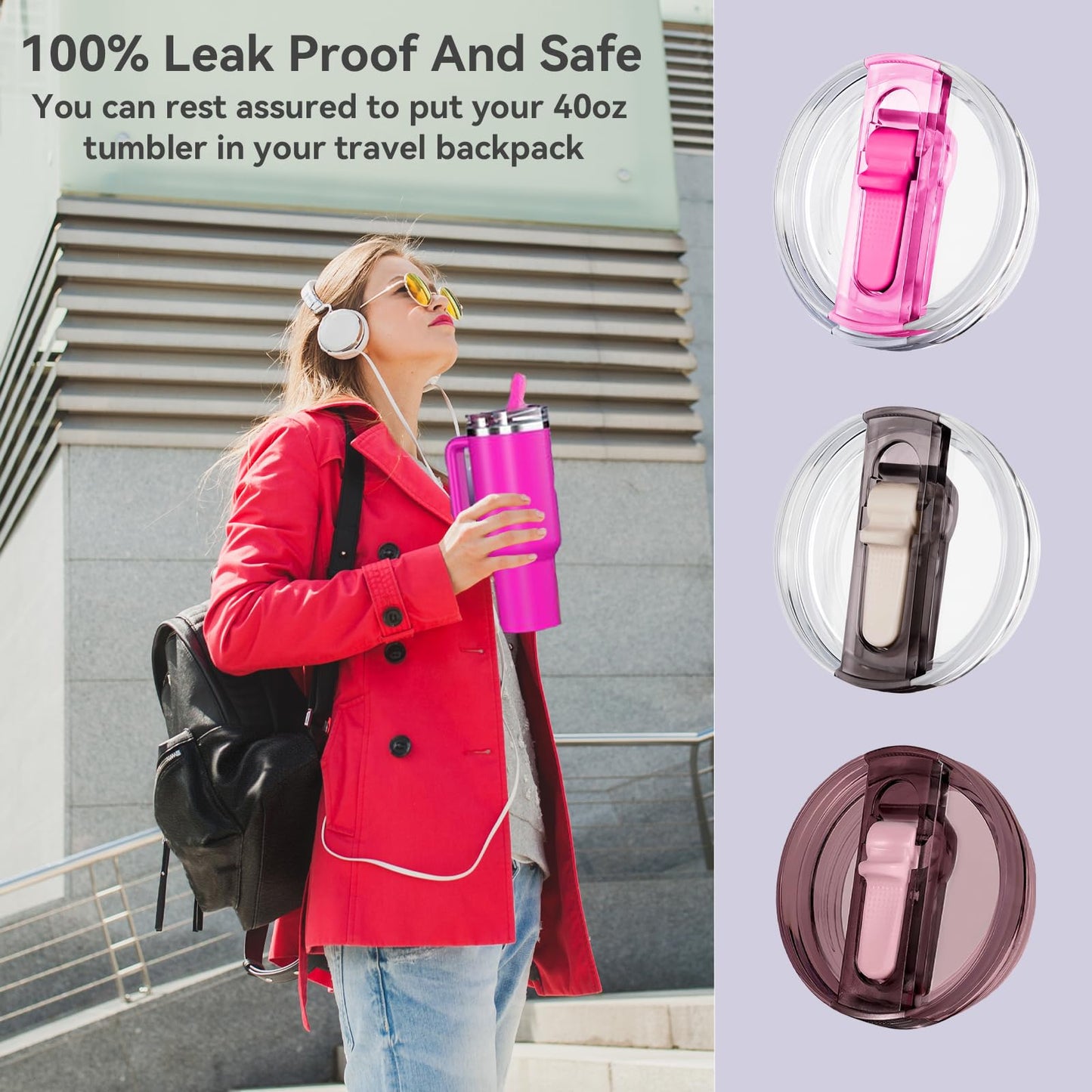 2 Pack Leak Proof Lid for 40oz Stanley H2.0 Quencher, No Spill Lids Replacement 40oz for Stanley ProTour, with Removable Nozzle (Cream+Old Pink)