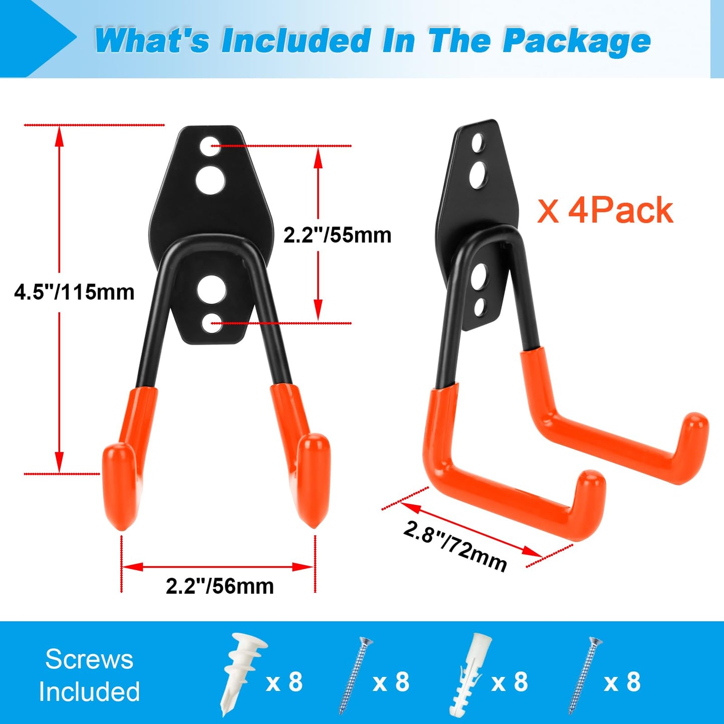 Suprom 4 Pack Garage Hooks Heavy Duty - Supports 100 lbs, Utility Steel Garage Hanger & Organizer for Organizing Garden Lawn Tools, Ladders, Garden Hose, Digging Shovel, Bikes, Ropes (Orange)