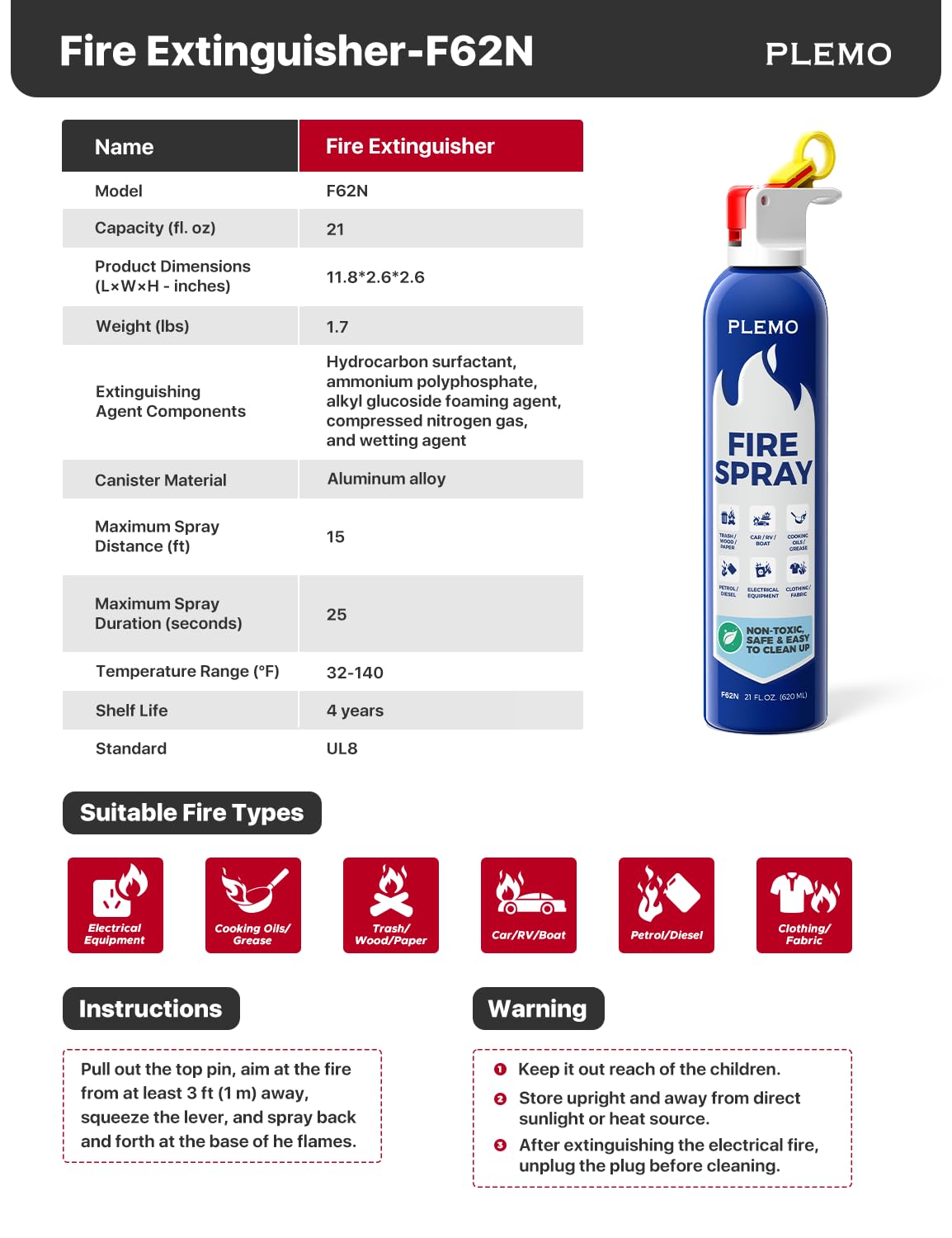 PLEMO Fire Extinguisher, Fire Extinguisher for Home, Compact 620ml Fire Spray for Car, Kitchen, Truck, F62N, 1-Pack