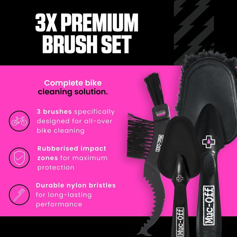 Muc-Off 220 3 Piece Premium Brush Kit - Includes 3 Bike Cleaning Brushes With Durable Nylon Bristles And Ergonomic Rubberised Handles To Minimise Impact