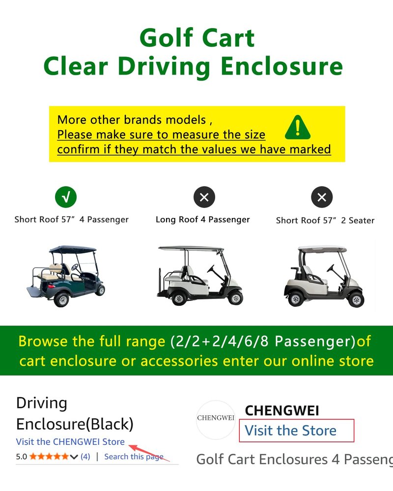 Golf Cart Enclosure 4 Passenger Short Roof 58” for Club Car Precedent Tempo 2+2 Seater,600D Clear Rain Cover Driving Enclosure,Roll Up 4 Sided Transparent Windows&Door,Side Mirrors Zipper Openings