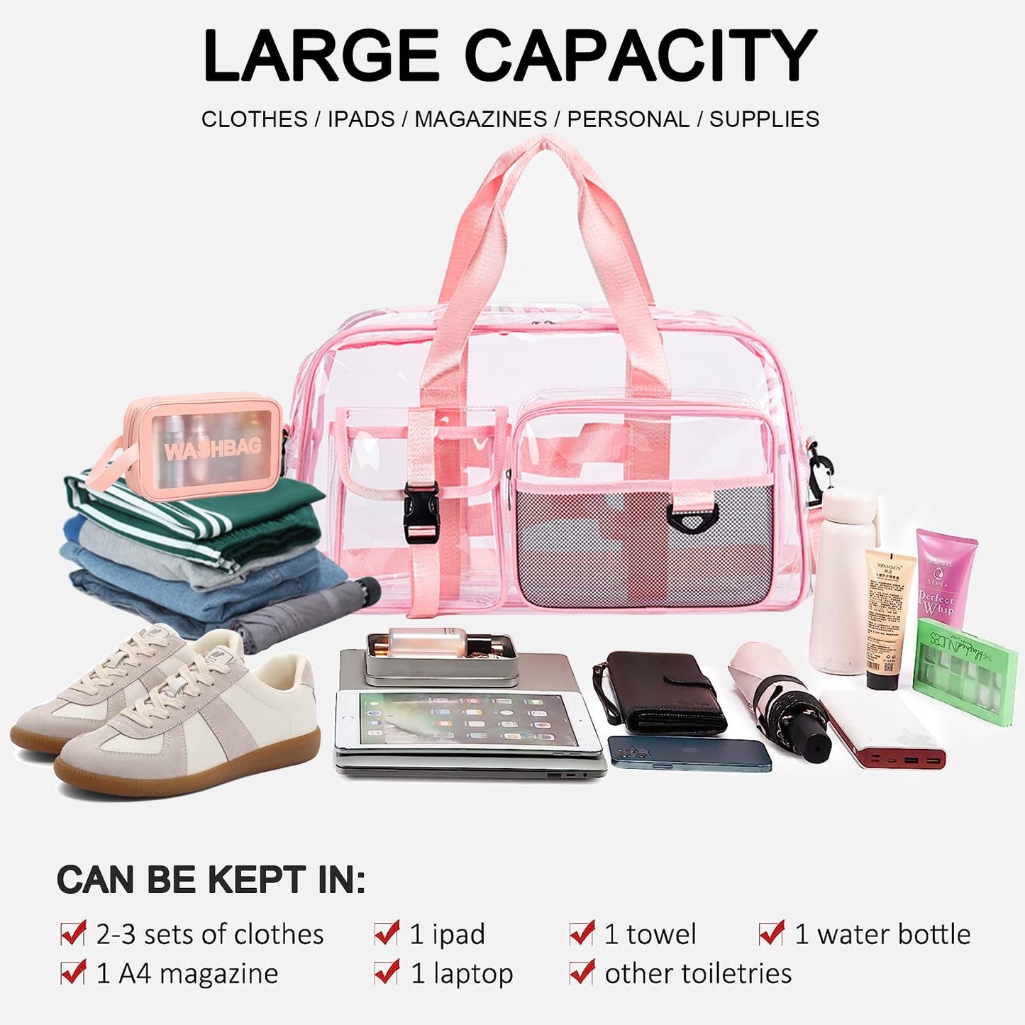 Clear Gym Bag for Women, Travel Duffle Bag Carry On Weekender Bag with Shoe Compartment
