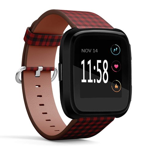 Q-Beans Replacement Band, Compatible with Fitbit Versa/Versa 2 / Versa Lite - Leather Band Bracelet Strap Wristband Accessory with Quick-Release Pins // Red Lumberjack Gingham Buffalo Plaid