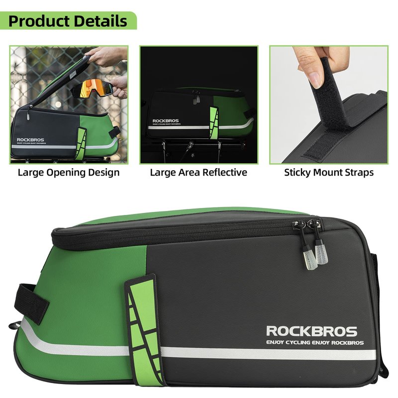 ROCKBROS Bike Rear Rack Bag Bike Trunk Bag Reflective Bicycle Rear Seat Saddle Bag Cycling Luggage Panniers with Shoulder Straps, Green Rain Cover