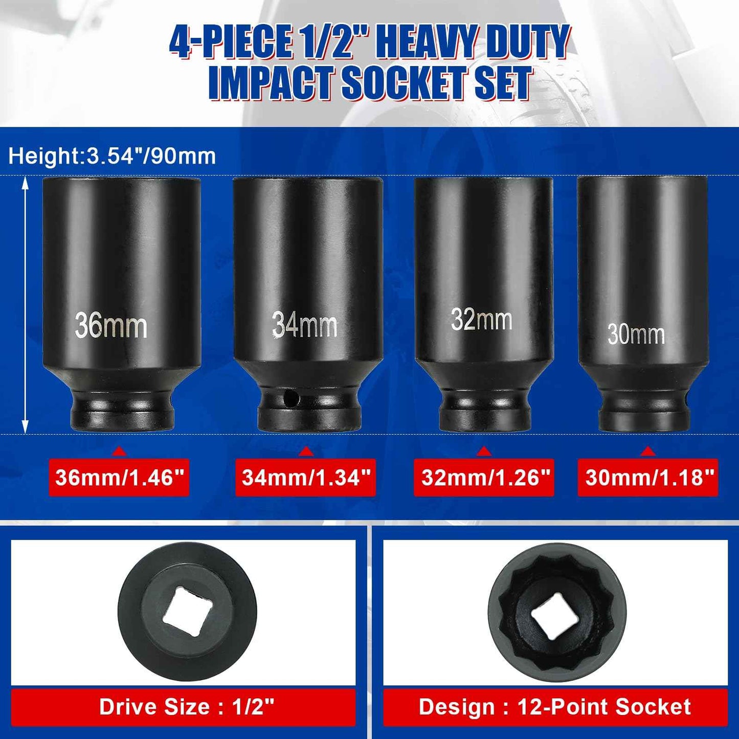 NYXOVA 1/2" Drive Deep Spindle Axle Nut Impact Socket Set, 12 Point Metric 30mm 32mm 34mm 36mm Drive Spindle Axle Hub Nut Socket Set, CR-MO, 4-Piece 1/2" Heavy Duty Impact Socket Set