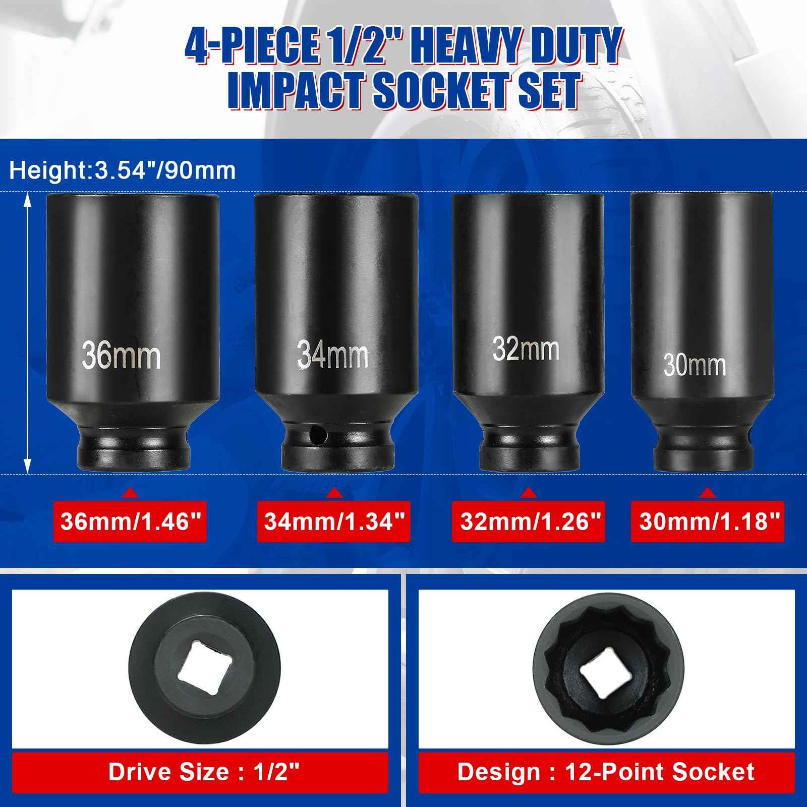 NYXOVA 1/2" Drive Deep Spindle Axle Nut Impact Socket Set, 12 Point Metric 30mm 32mm 34mm 36mm Drive Spindle Axle Hub Nut Socket Set, CR-MO, 4-Piece 1/2" Heavy Duty Impact Socket Set